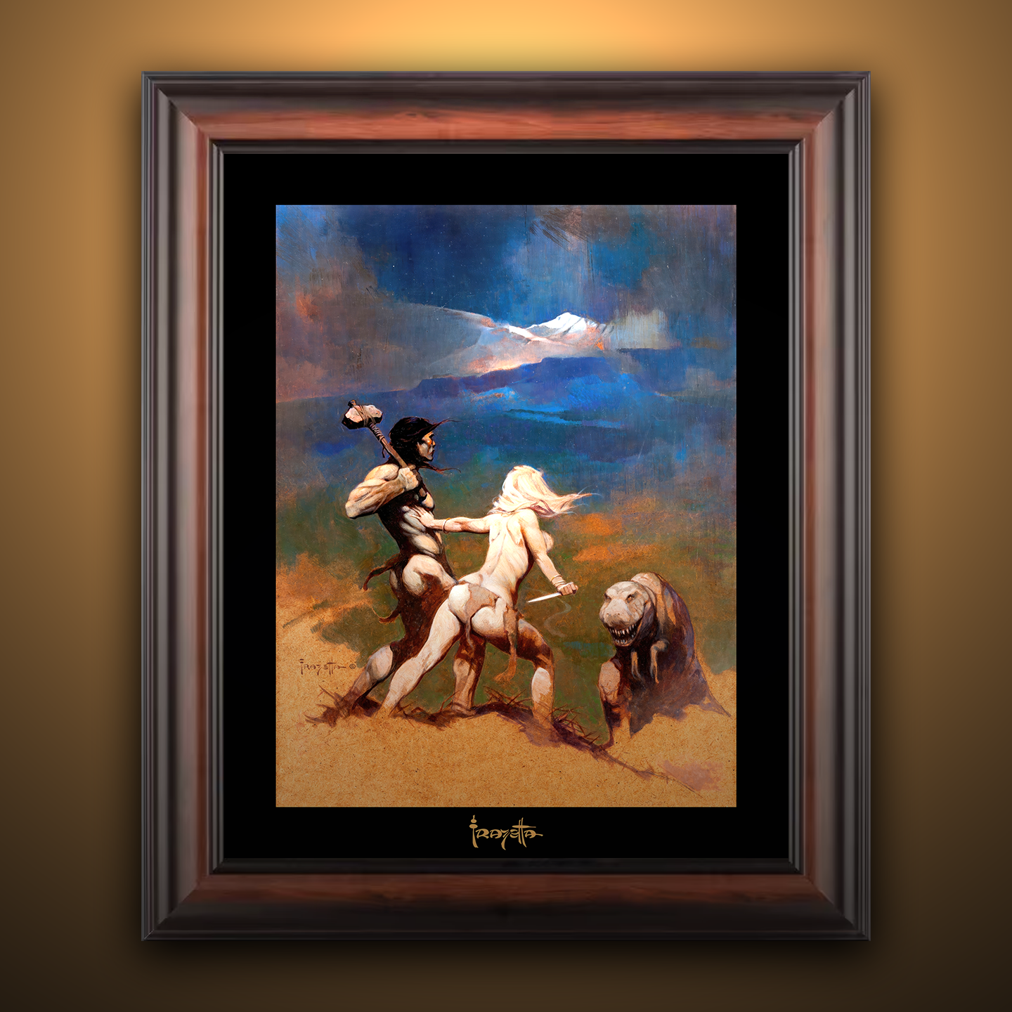 Framed Gallery Series print of "Cornered" by Frank Frazetta, showcasing dramatic composition with black 1.5" matting.