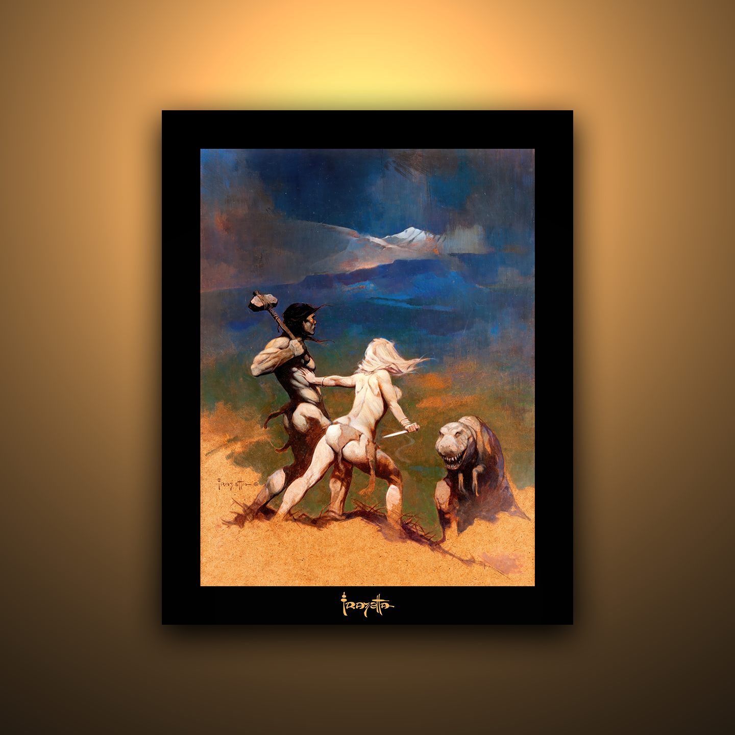Gallery Series print of "Cornered" by Frank Frazetta, unframed, capturing dynamic action and intense details.