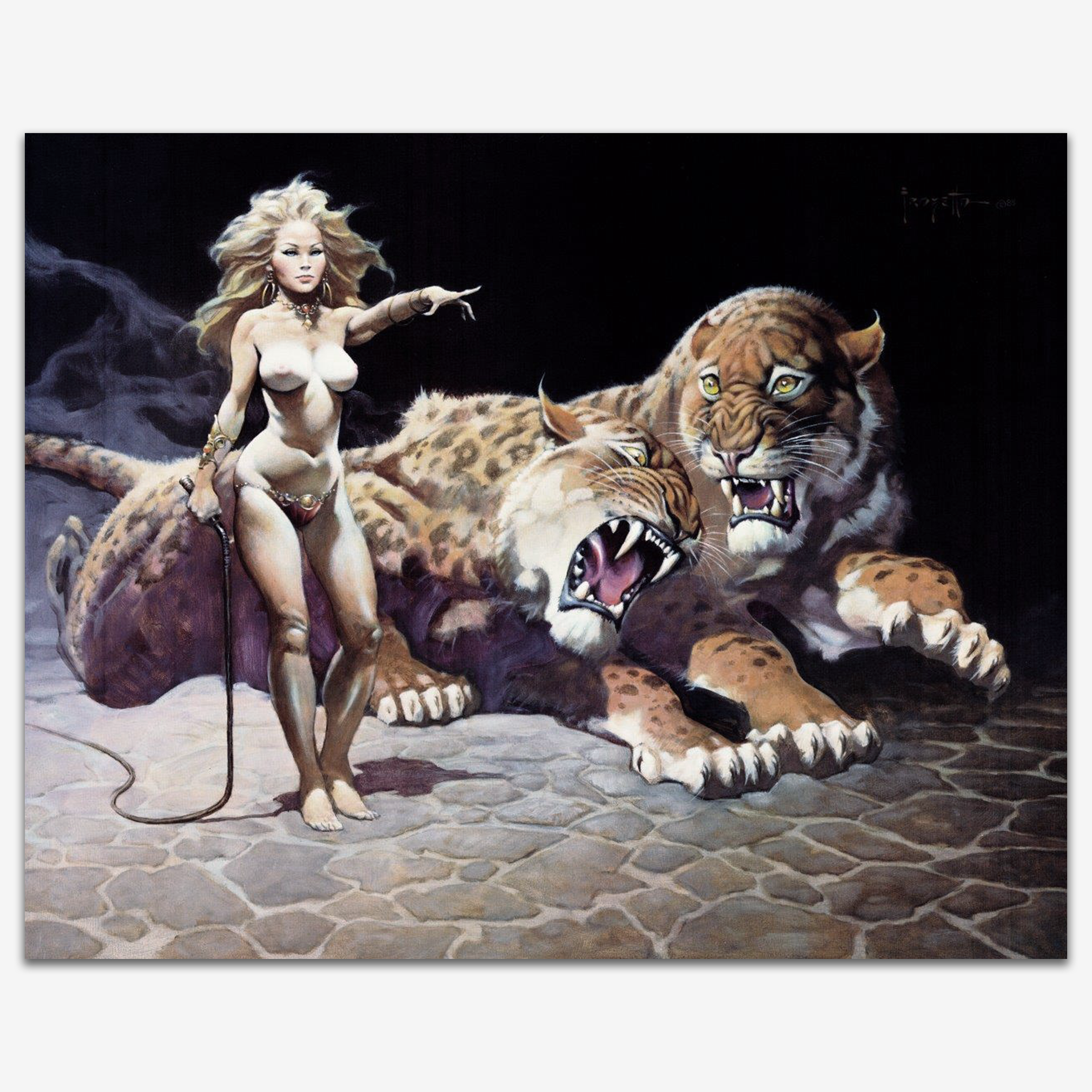 Vintage print of Countess by Frank Frazetta, featuring a fierce, commanding woman draped in revealing attire, seated beside a massive, snarling beast under a dark, dramatic sky.
