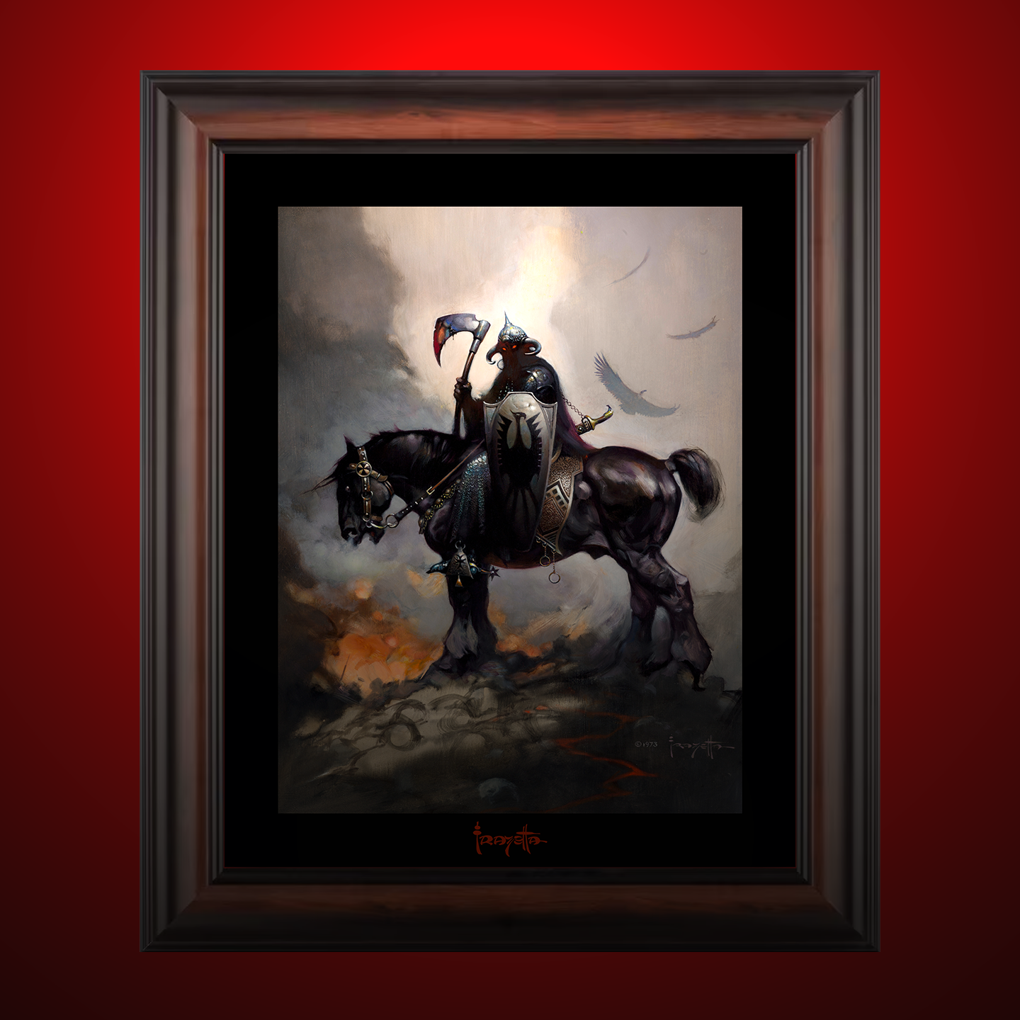 Framed Gallery Series print of "Death Dealer I" by Frank Frazetta, emphasizing the intense energy with black 1.5" matting.