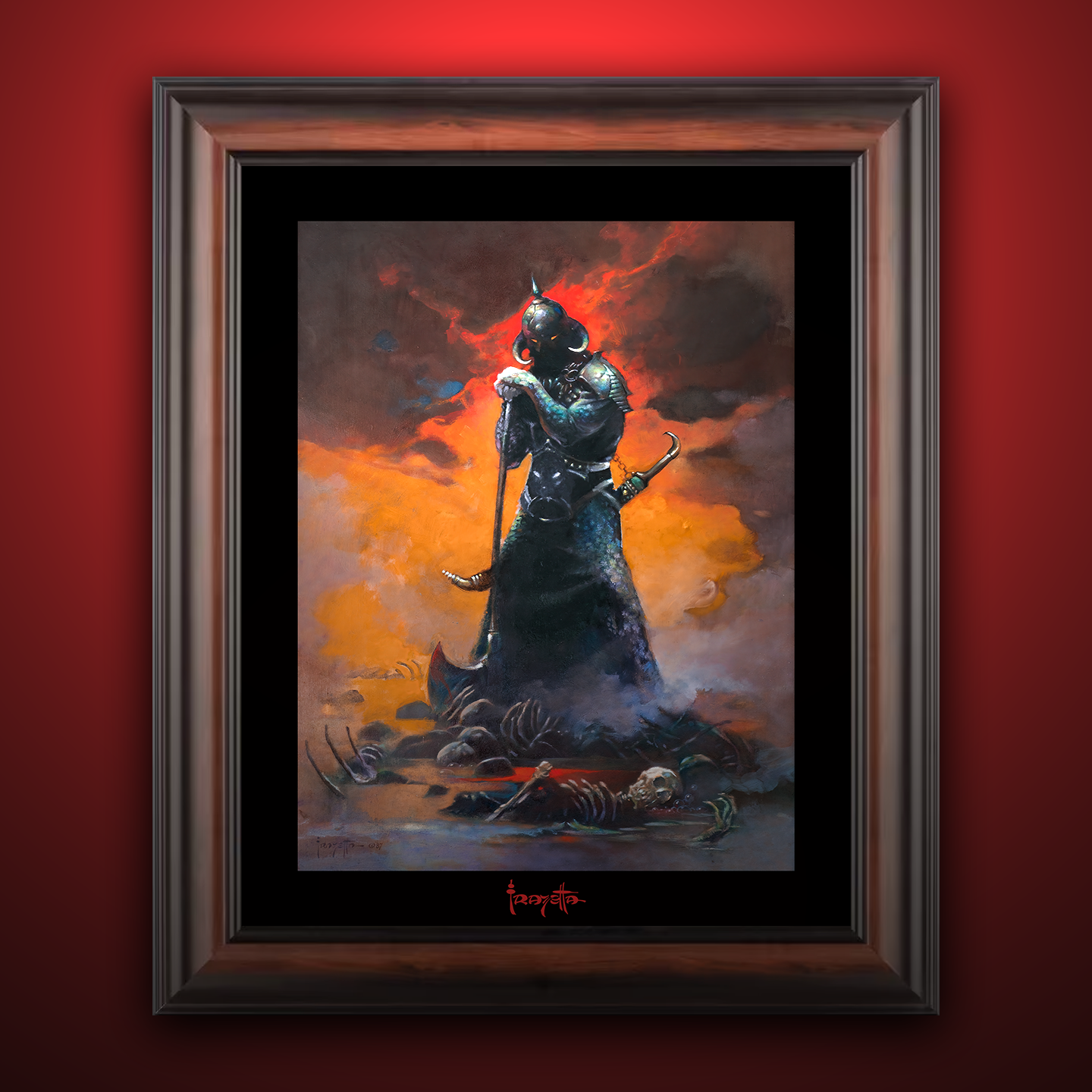 Framed Gallery Series print of "Death Dealer III Revised" by Frank Frazetta, highlighting intense visuals with black 1.5" matting.