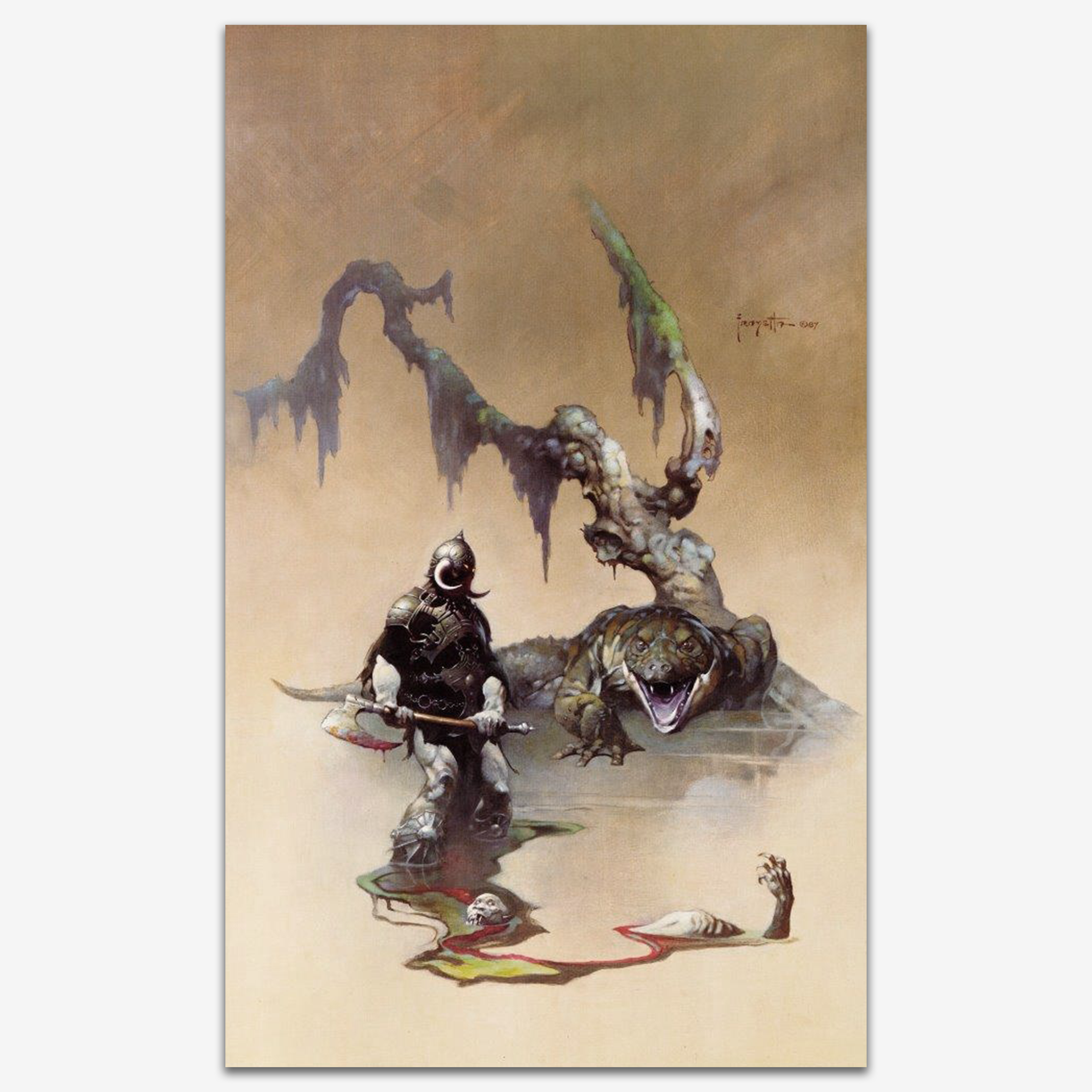 Vintage print of "Death Dealer IV" by Frank Frazetta, depicting the iconic armored warrior, wielding a deadly axe, posed in a swampy battlefield with fallen enemies around him.