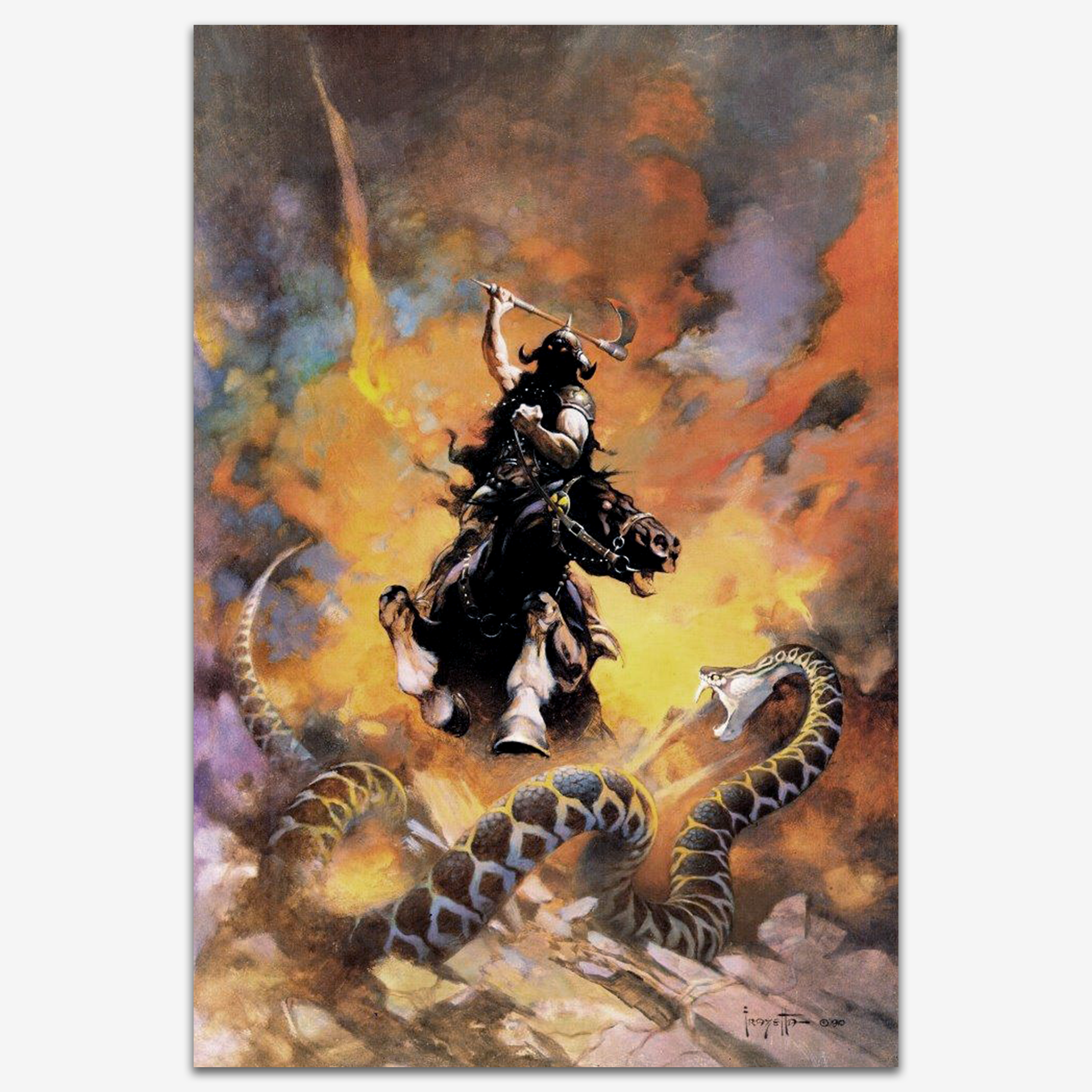 Vintage print of "Death Dealer VI" by Frank Frazetta, depicting the iconic armored warrior on horseback, wielding a weapon against a coiling serpent in a dramatic battle scene, printed on high-quality linen paper.