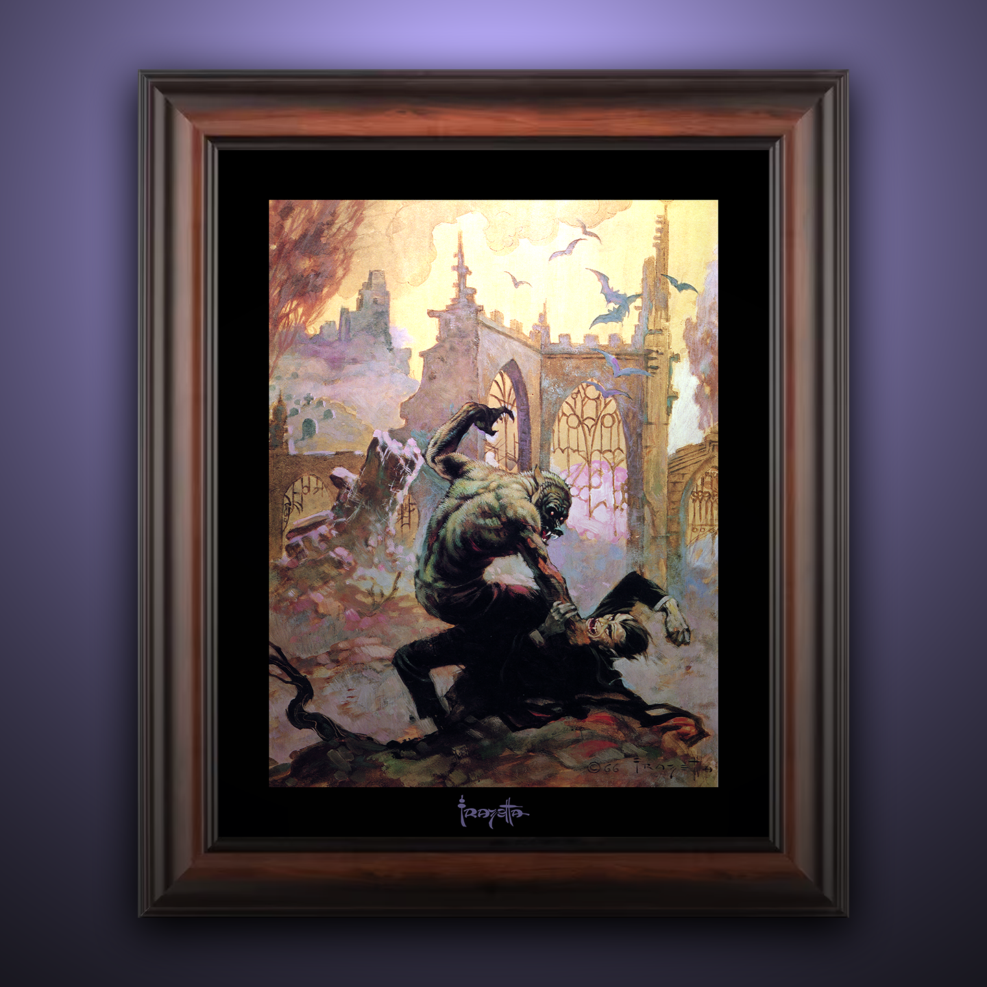 Framed Gallery Series print of "Dracula Meets the Wolfman" by Frank Frazetta, emphasizing bold details with black 1.5" matting.