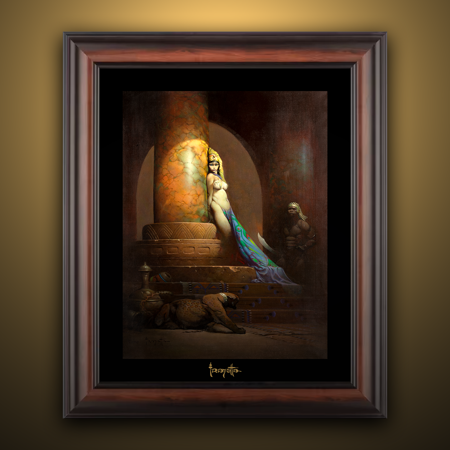 Framed Gallery Series print of "Egyptian Queen" by Frank Frazetta, emphasizing dynamic details with black 1.5" matting.