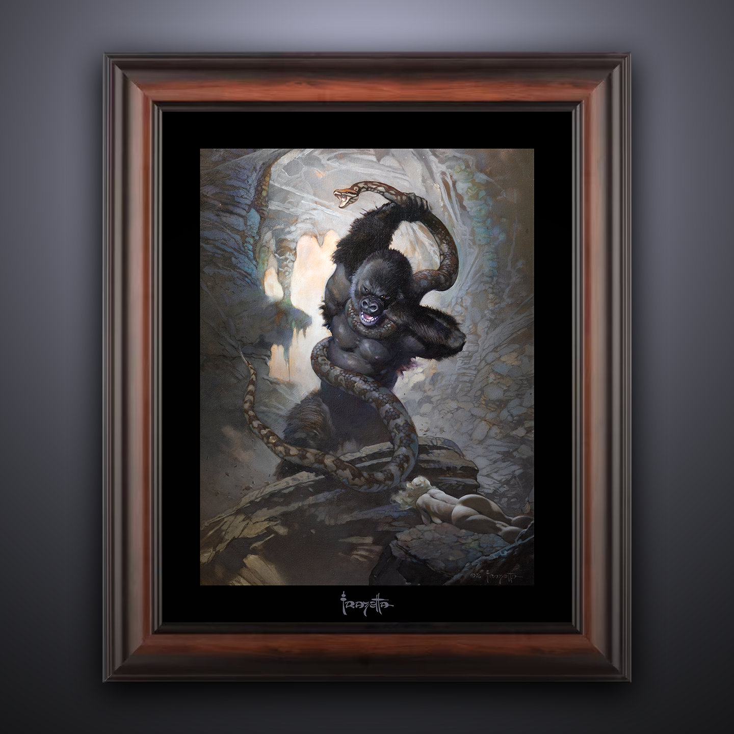 Framed Gallery Series print of "Eighth Wonder" by Frank Frazetta, emphasizing intricate details with black 1.5" matting.