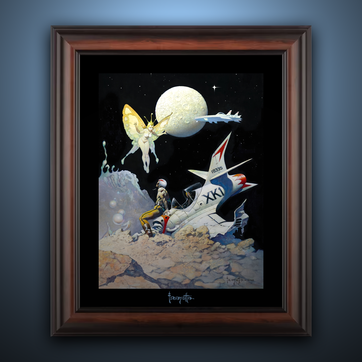 Framed Gallery Series print of "Encounter" by Frank Frazetta, highlighting dramatic visuals with black 1.5" matting.