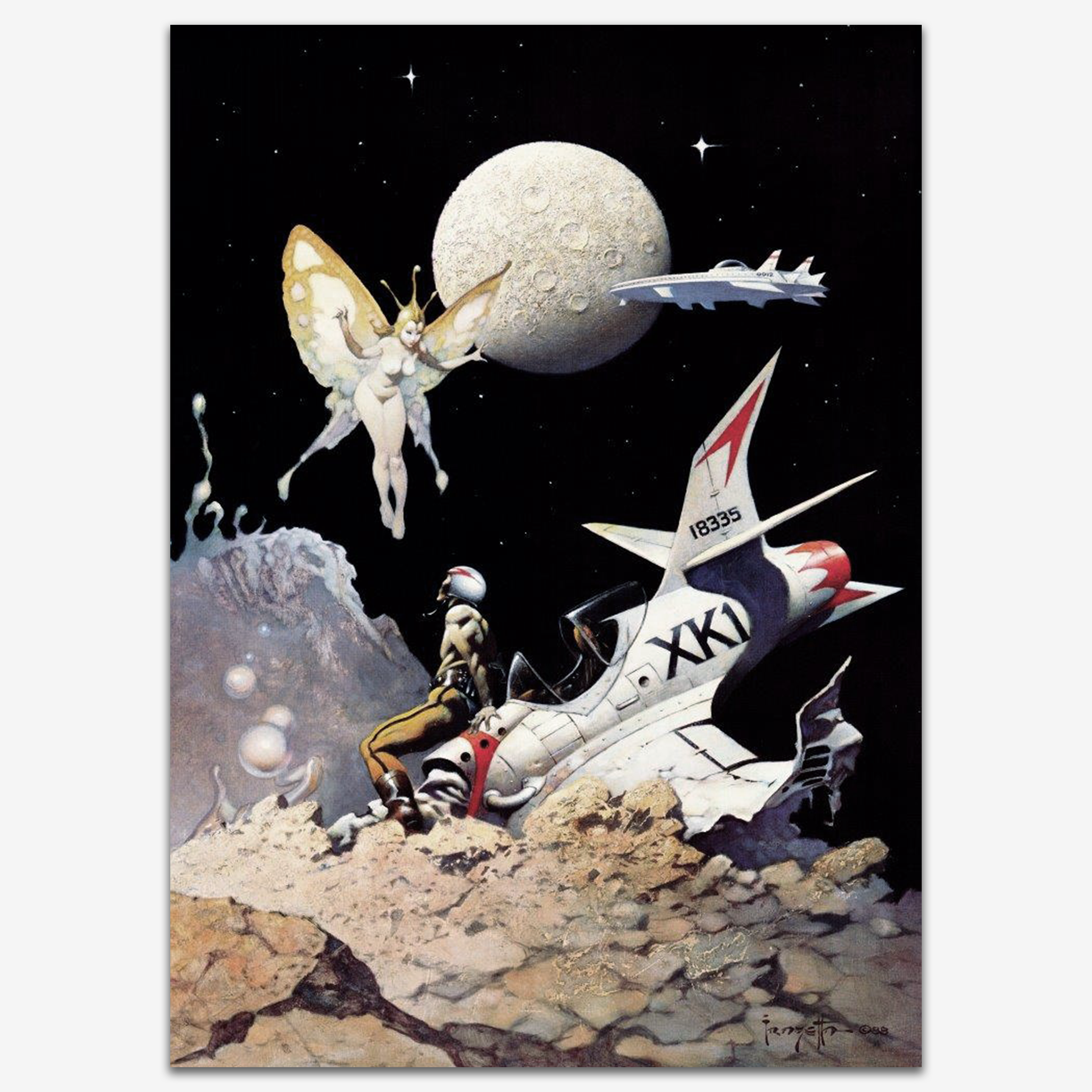 Vintage print of "Encounter" by Frank Frazetta, depicting an astronaut near a crashed spaceship, facing a towering alien creature under a large moon, printed on high-quality linen paper.