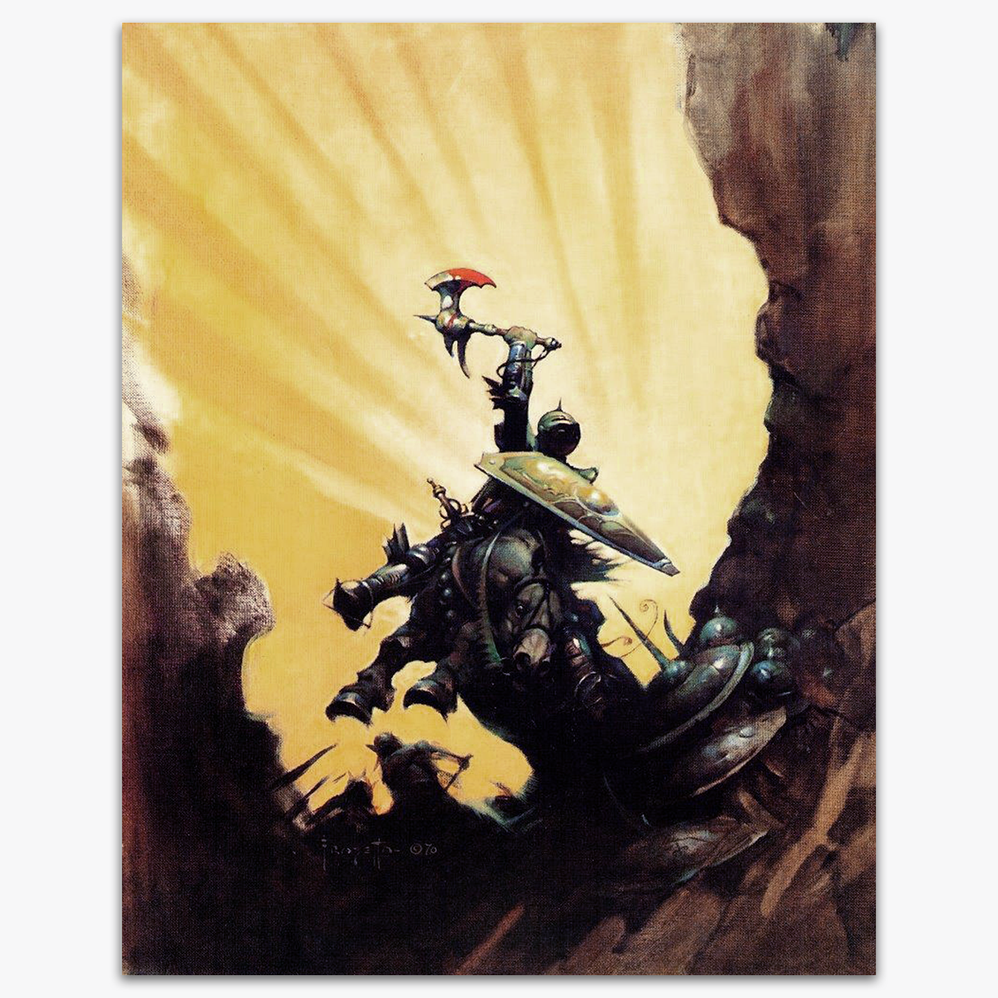 Vintage print of Eternal Champion by Frank Frazetta, featuring the heroic figure in an action-packed, dynamic pose against a dramatic background.