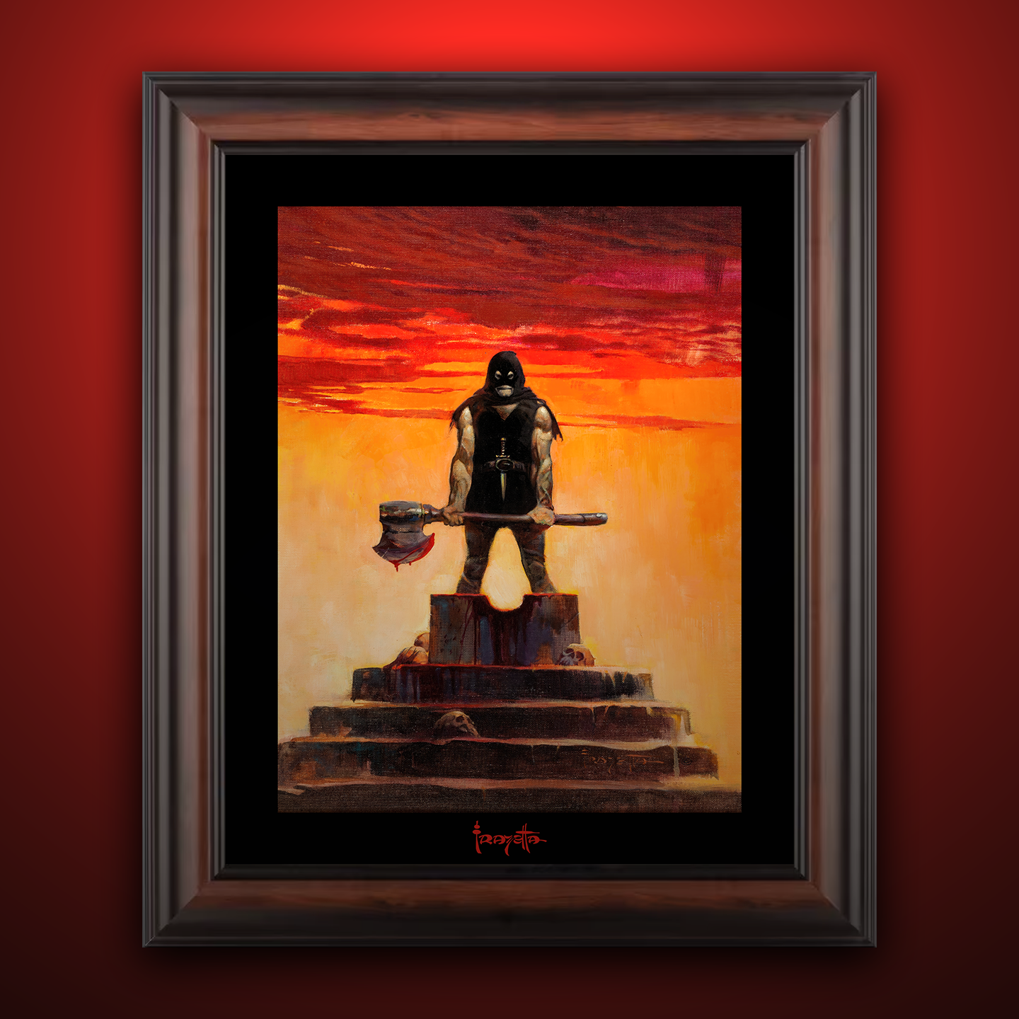 Framed Gallery Series print of "Executioner" by Frank Frazetta, emphasizing bold lines with black 1.5" matting.