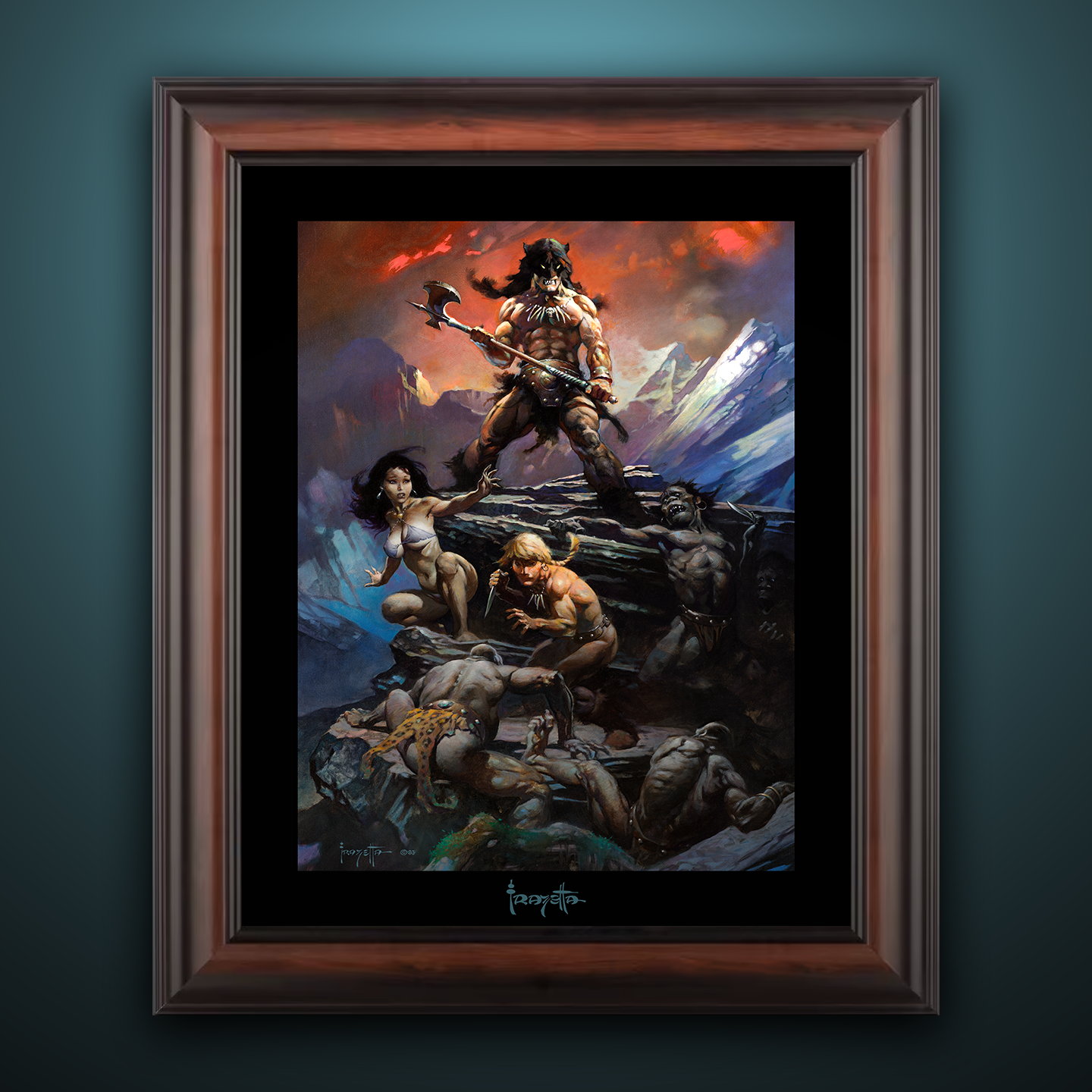 Framed Gallery Series print of "Fire and Ice" by Frank Frazetta, emphasizing dynamic lighting with black 1.5" matting.