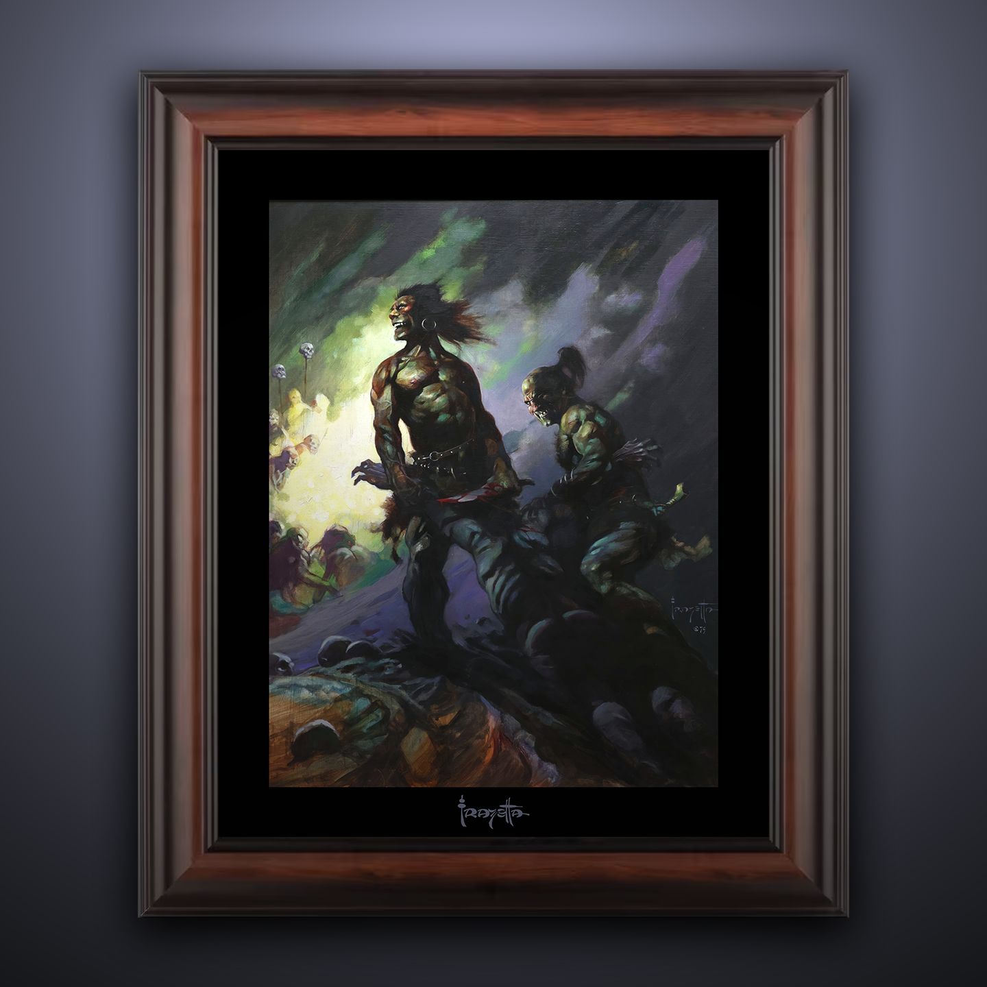 Framed Gallery Series print of "Flesh Eaters" by Frank Frazetta, emphasizing striking visuals with black 1.5" matting.