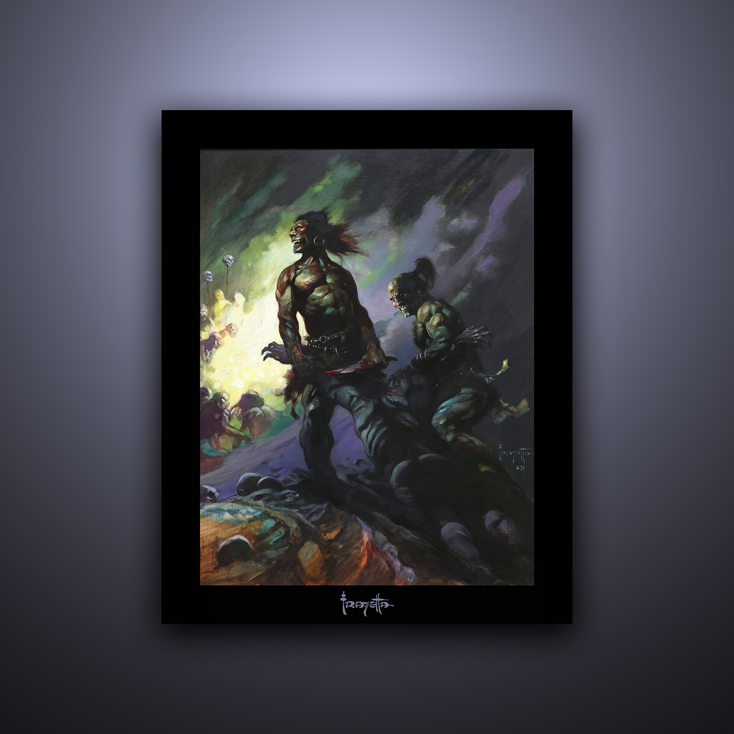 Gallery Series print of "Flesh Eaters" by Frank Frazetta, unframed, highlighting intense action and dramatic poses.