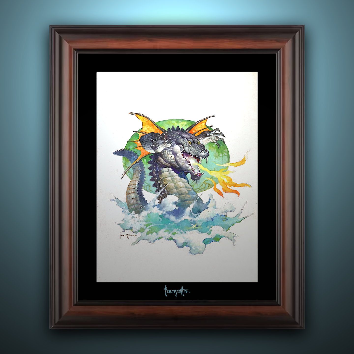 Framed Gallery Series print of "Flying Alligator" by Frank Frazetta, highlighting dynamic composition with black 1.5" matting.