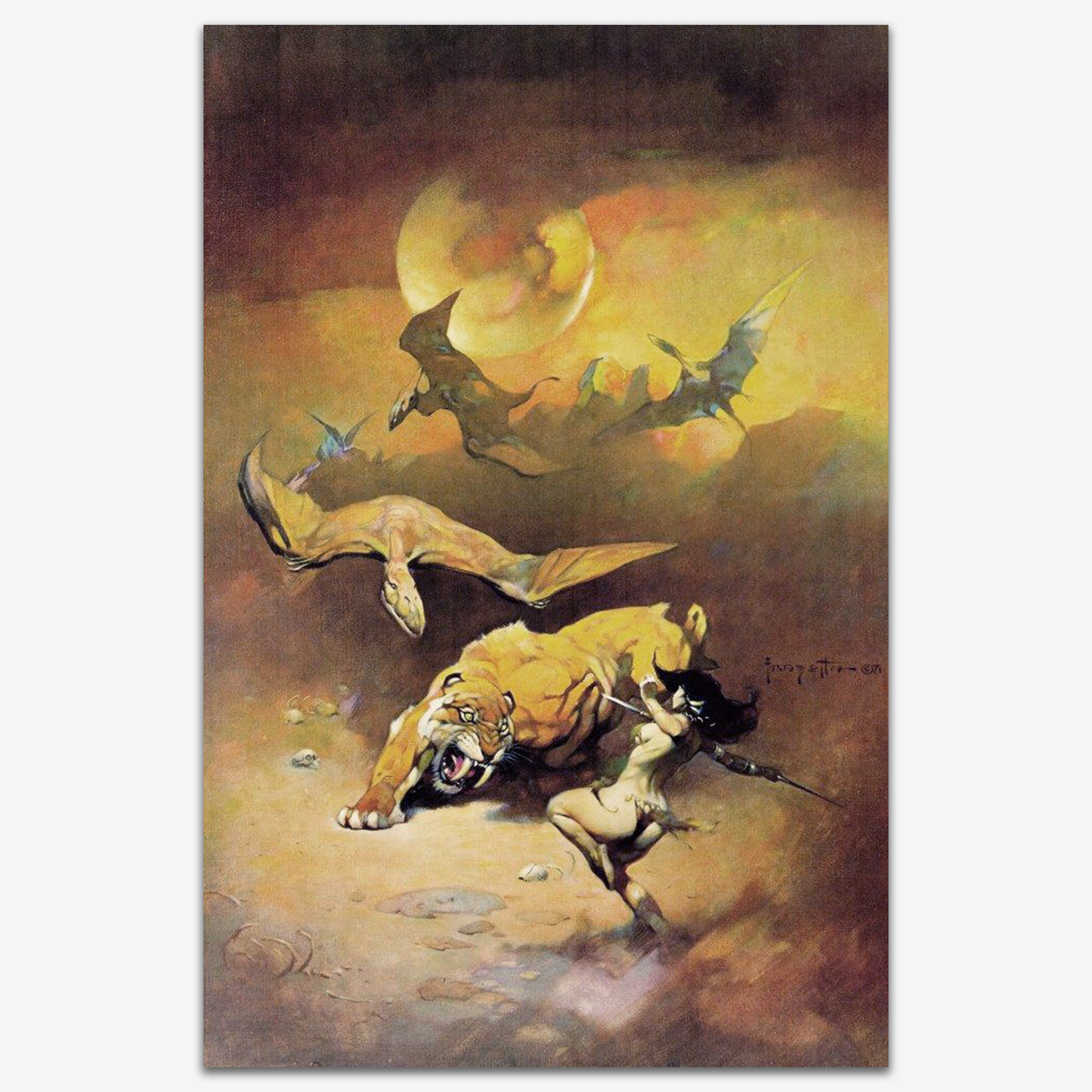 Vintage print of Flying Reptiles by Frank Frazetta, capturing a dramatic scene of ancient flying reptiles soaring through the air with intense energy.