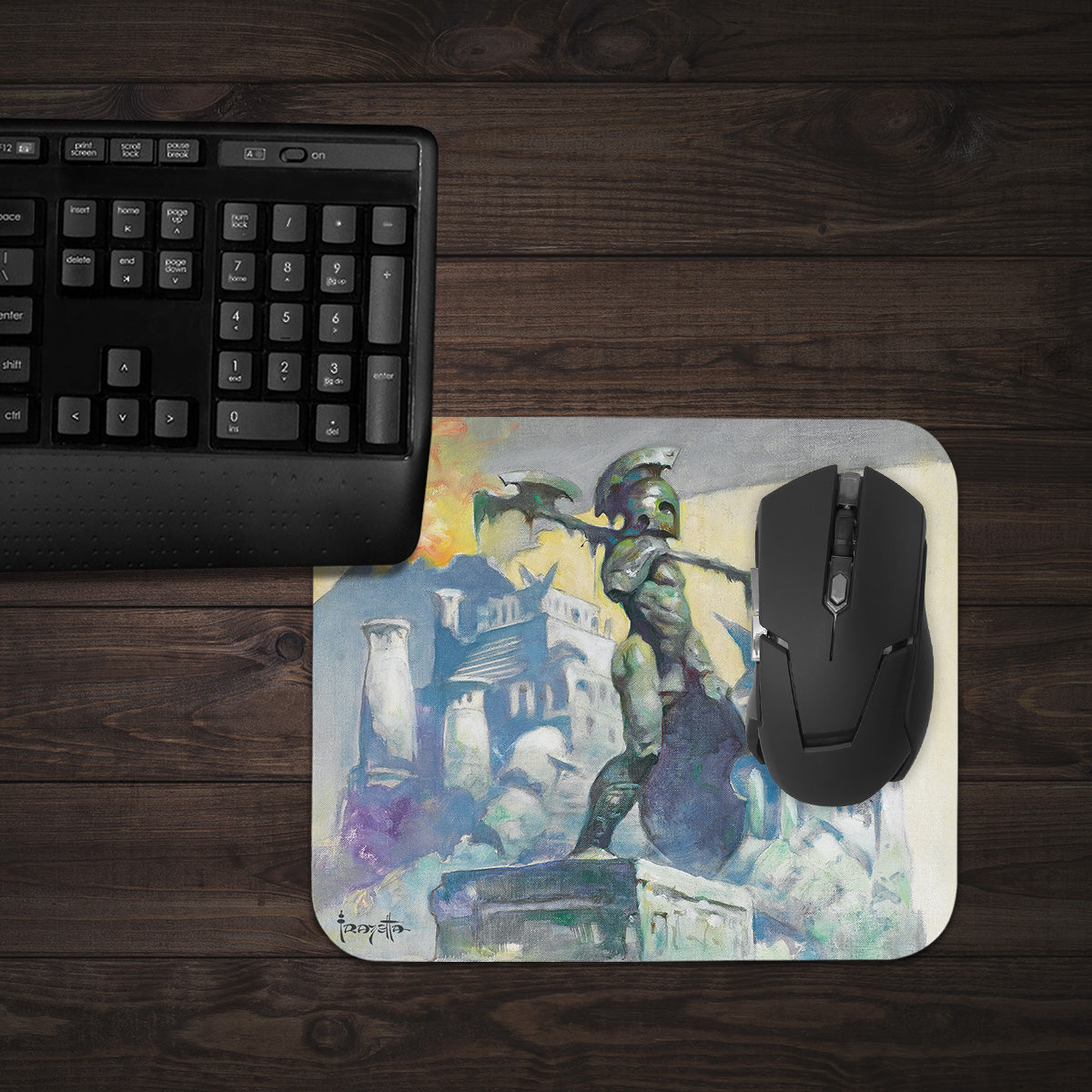 Atlantis mousepad on a creative workspace featuring Frazetta’s underwater fantasy art