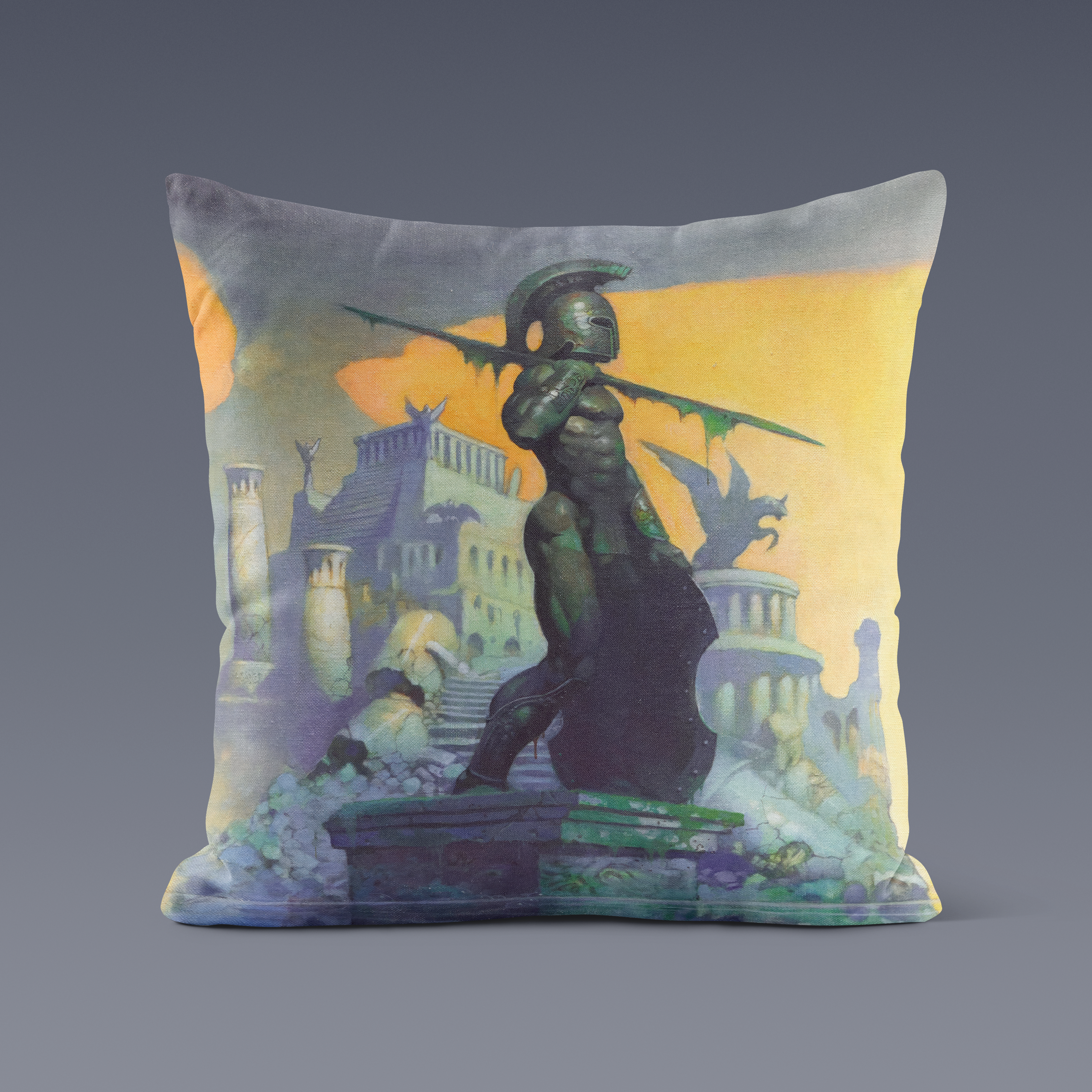 Atlantis throw pillow showcasing Frank Frazetta’s underwater fantasy realm, printed in rich colors on soft, durable fabric