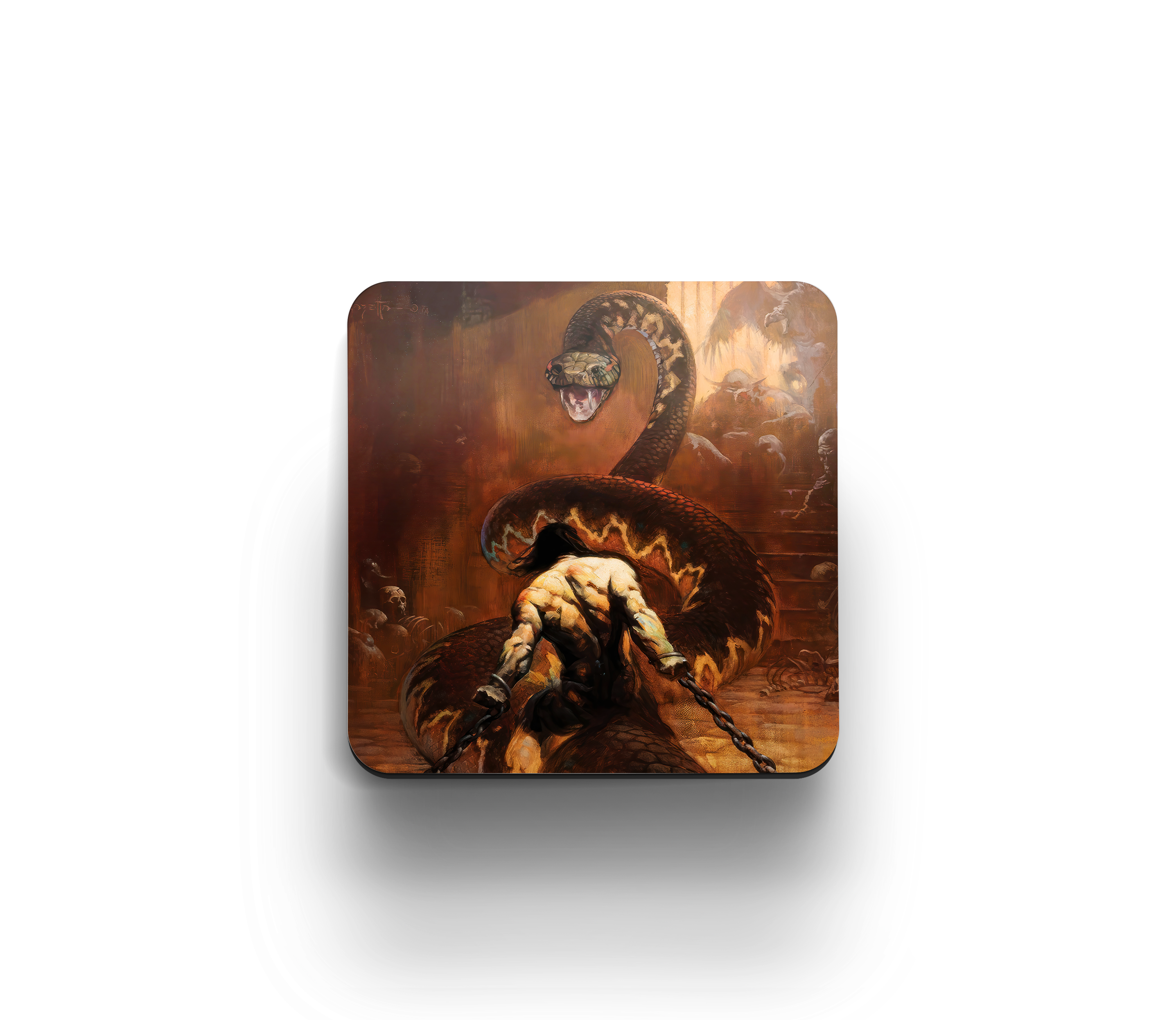 Acrylic coaster featuring Frank Frazetta’s “Chained” where a muscular warrior grapples with a giant serpent in a dark, atmospheric temple scene.