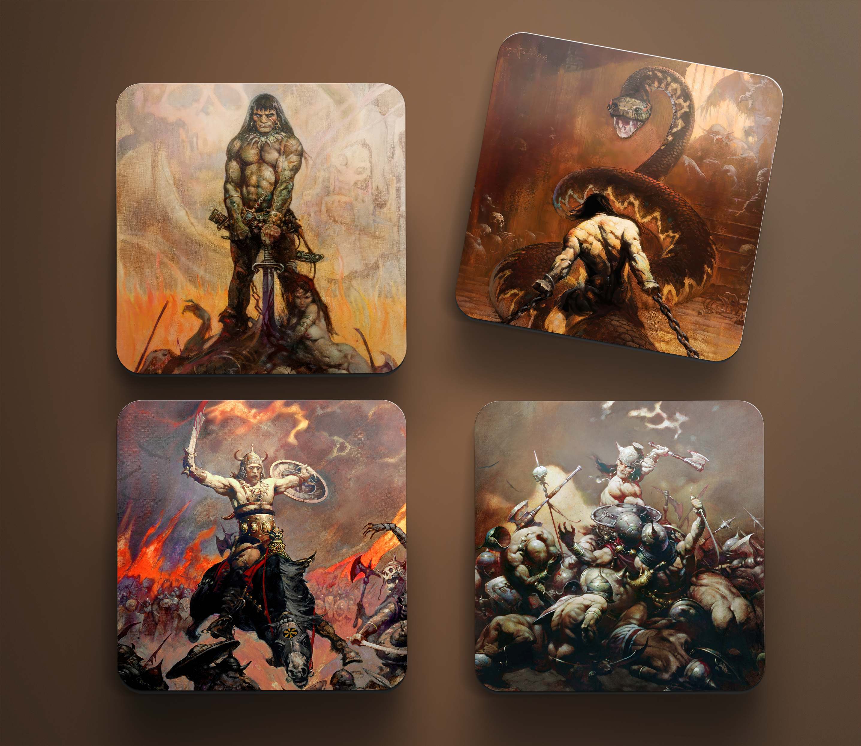 Acrylic coaster set featuring Frank Frazetta’s barbarian artwork: The Barbarian, Chained, The Berserker, and The Destroyer, displayed on a soft brown background.