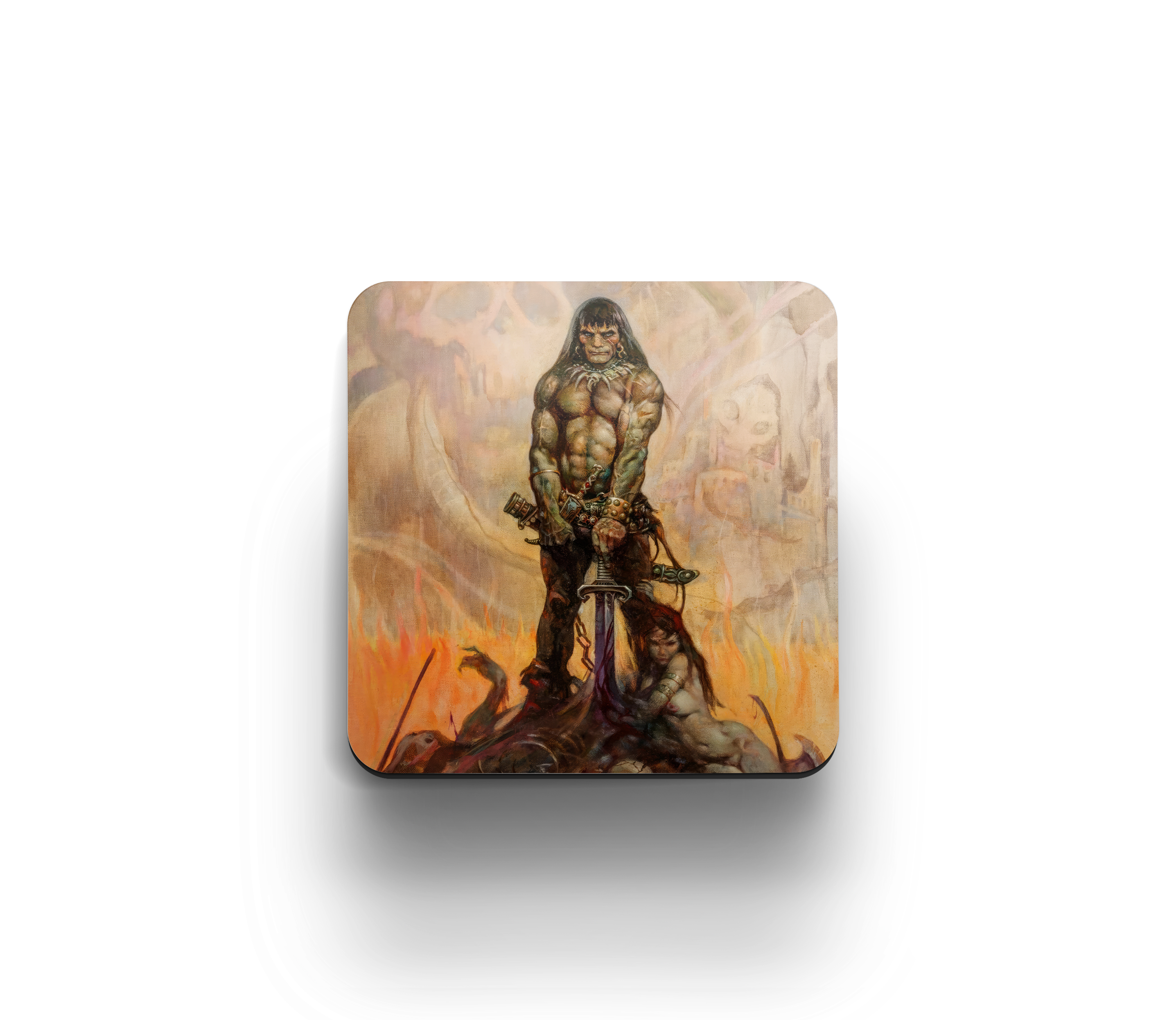 Acrylic coaster featuring Frank Frazetta’s “The Barbarian” where a muscular warrior grips a sword with a woman at his feet, surrounded by fire and ruins.