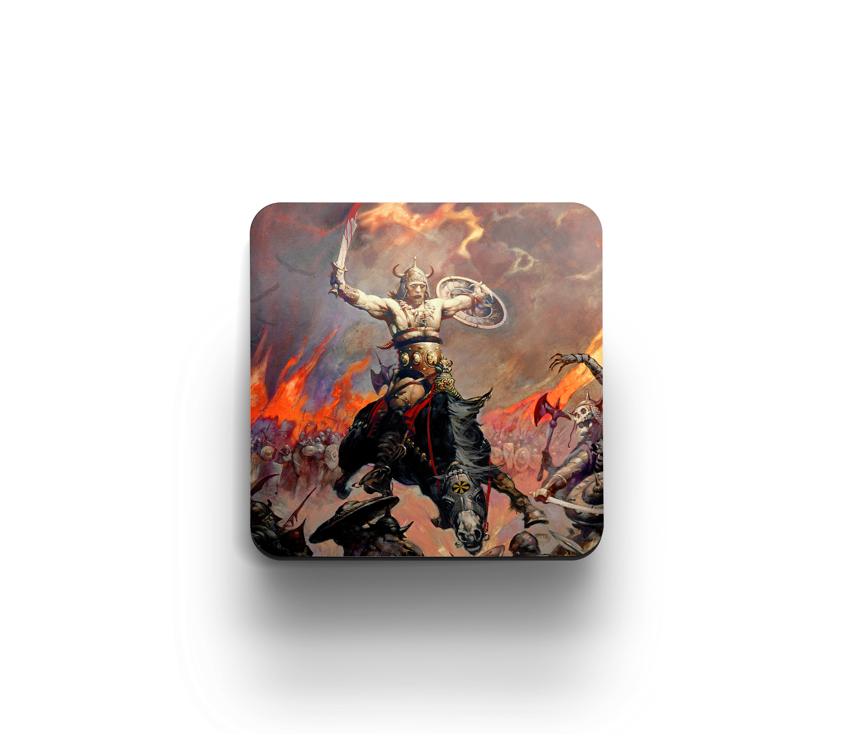 Acrylic coaster featuring Frank Frazetta’s “The Berserker”- a fierce, horned warrior charging into battle on horseback amid fire and chaos.