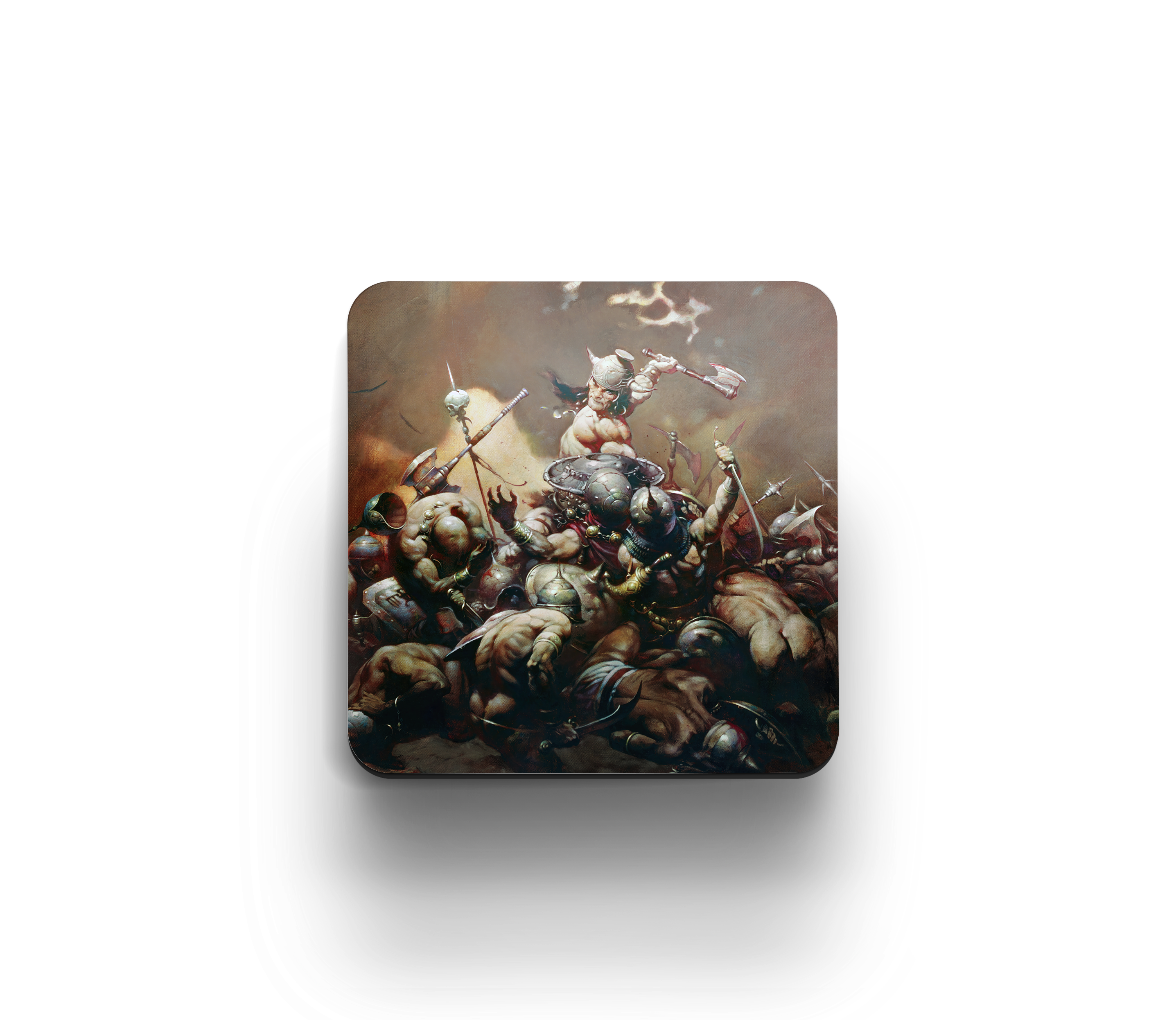 Acrylic coaster featuring Frank Frazetta’s “The Destroyer” where a battle-hardened warrior stands atop a heap of fallen foes, axe raised mid-swing.