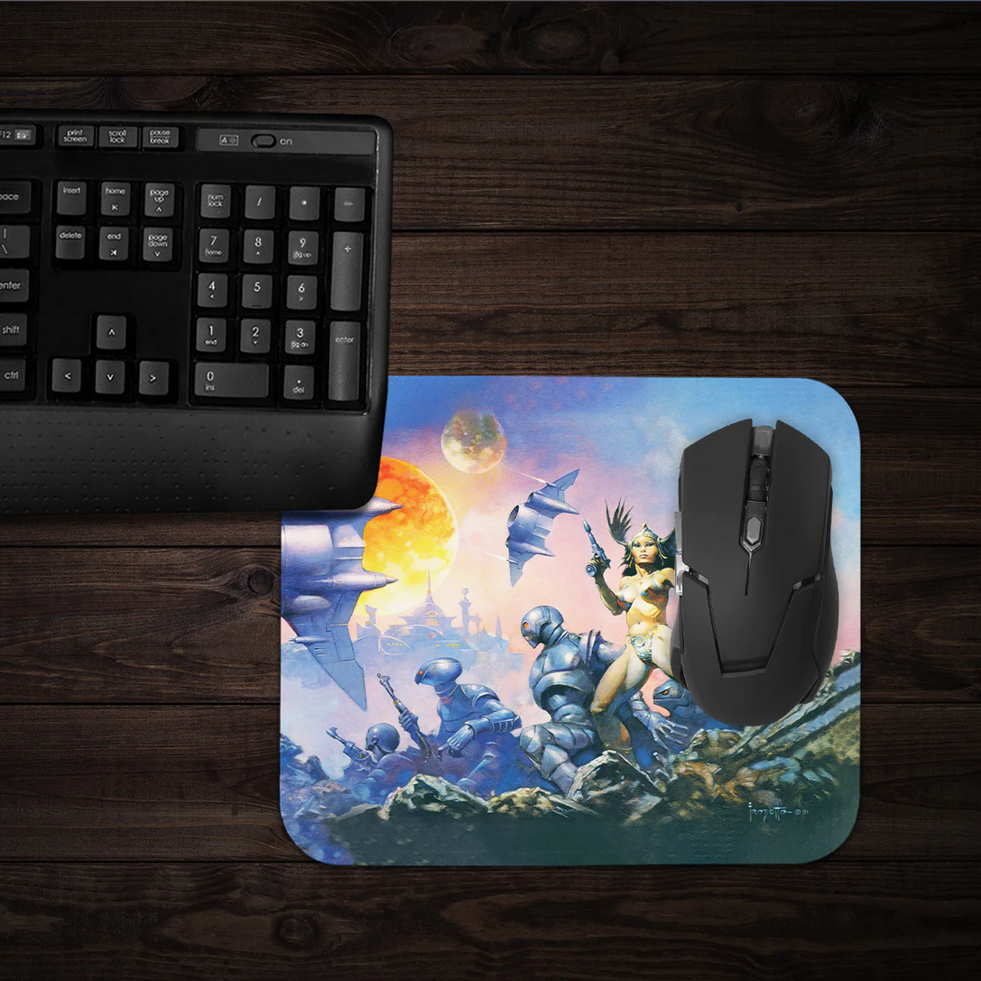 Dawn Attack mousepad in a battle-themed gaming desk setup