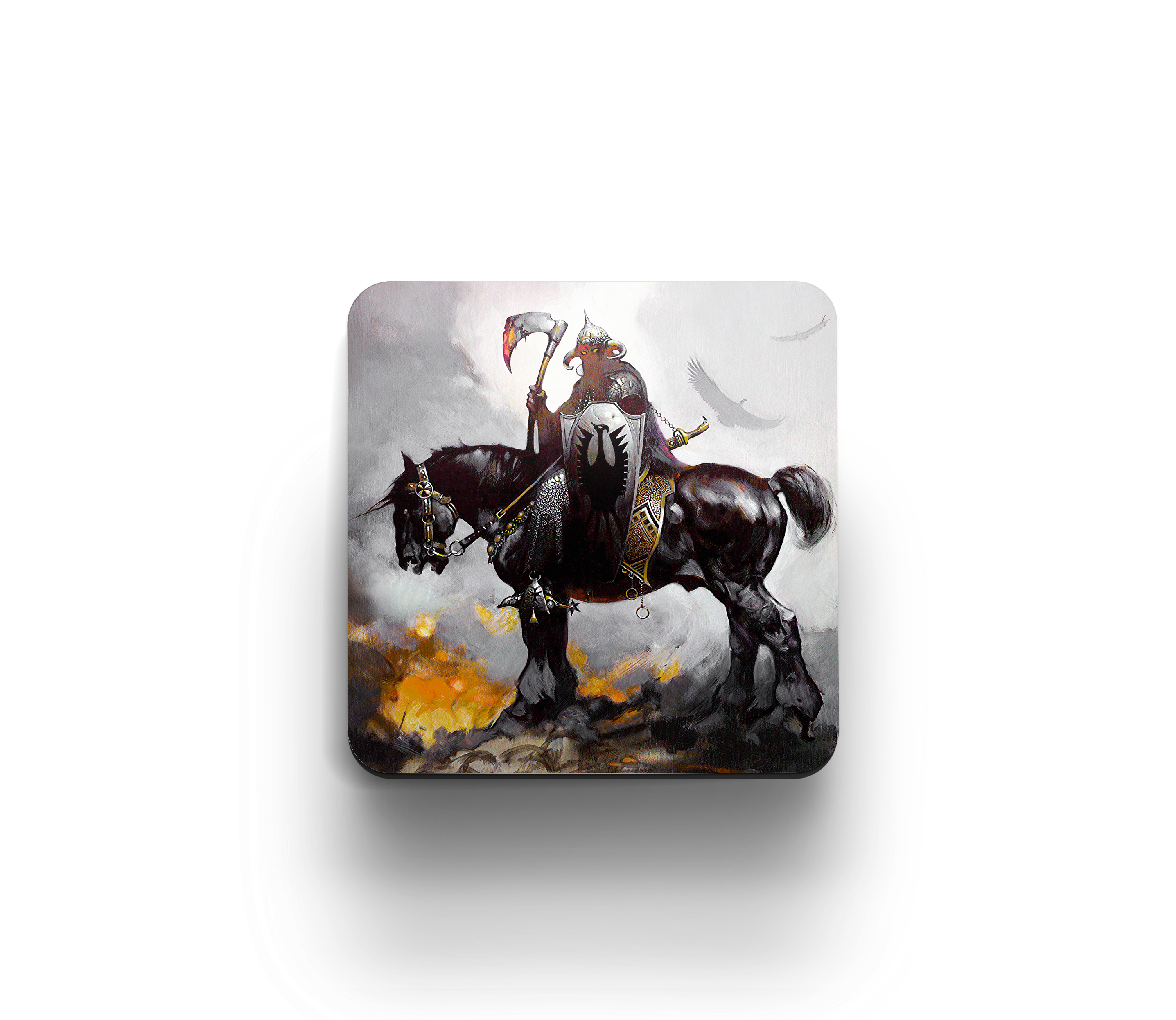 Acrylic coaster featuring Frank Frazetta’s “Death Dealer I,” depicting a dark, armored warrior atop a black horse with a bloodied axe and shield.