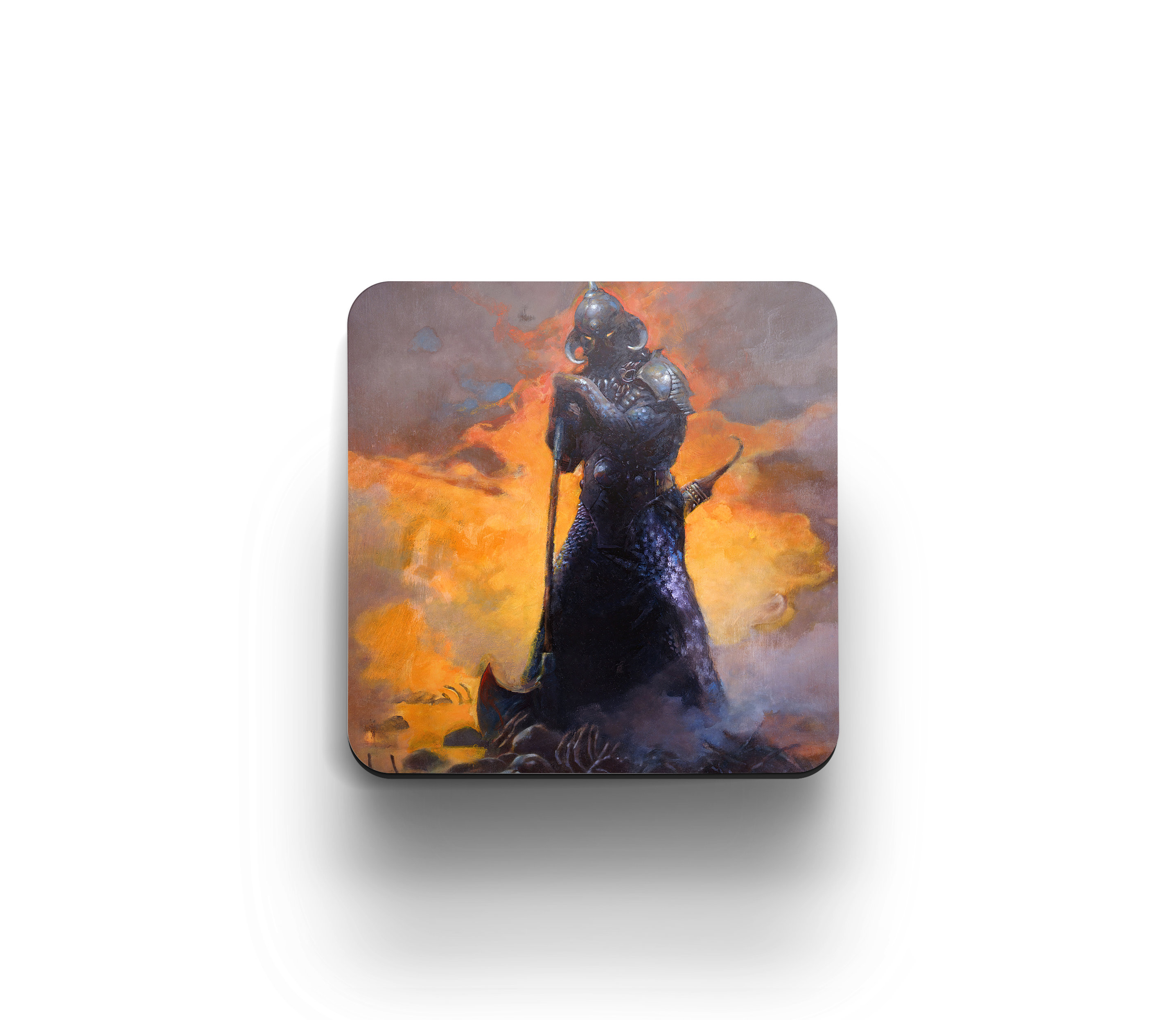 Acrylic coaster featuring Frank Frazetta’s “Death Dealer III (Revised),” showing the armored warrior standing in smoke and fire, gripping a long axe.