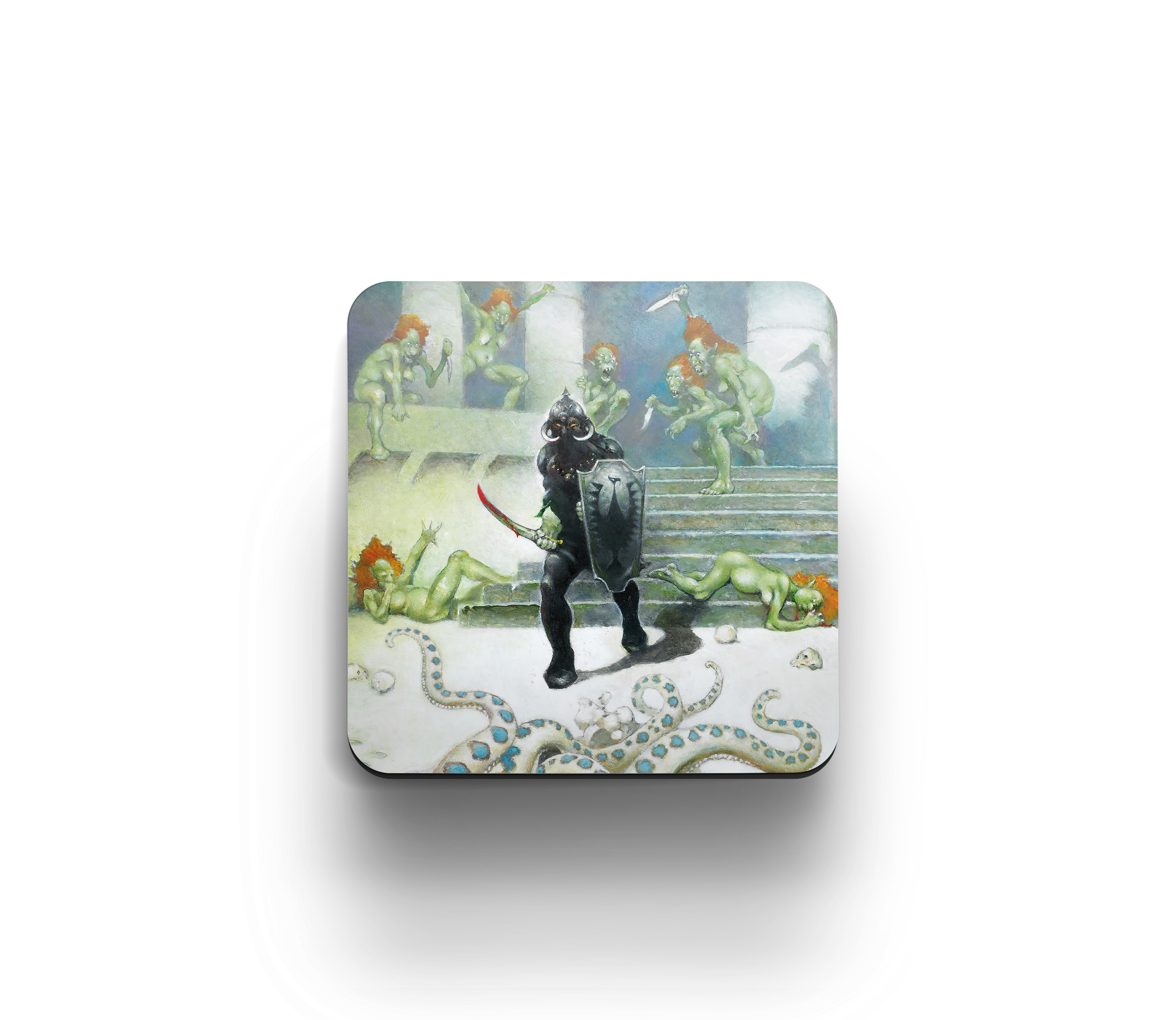 Acrylic coaster featuring Frank Frazetta’s “Death Dealer VII,” with the dark warrior facing off against a horde of green-skinned creatures in a temple.
