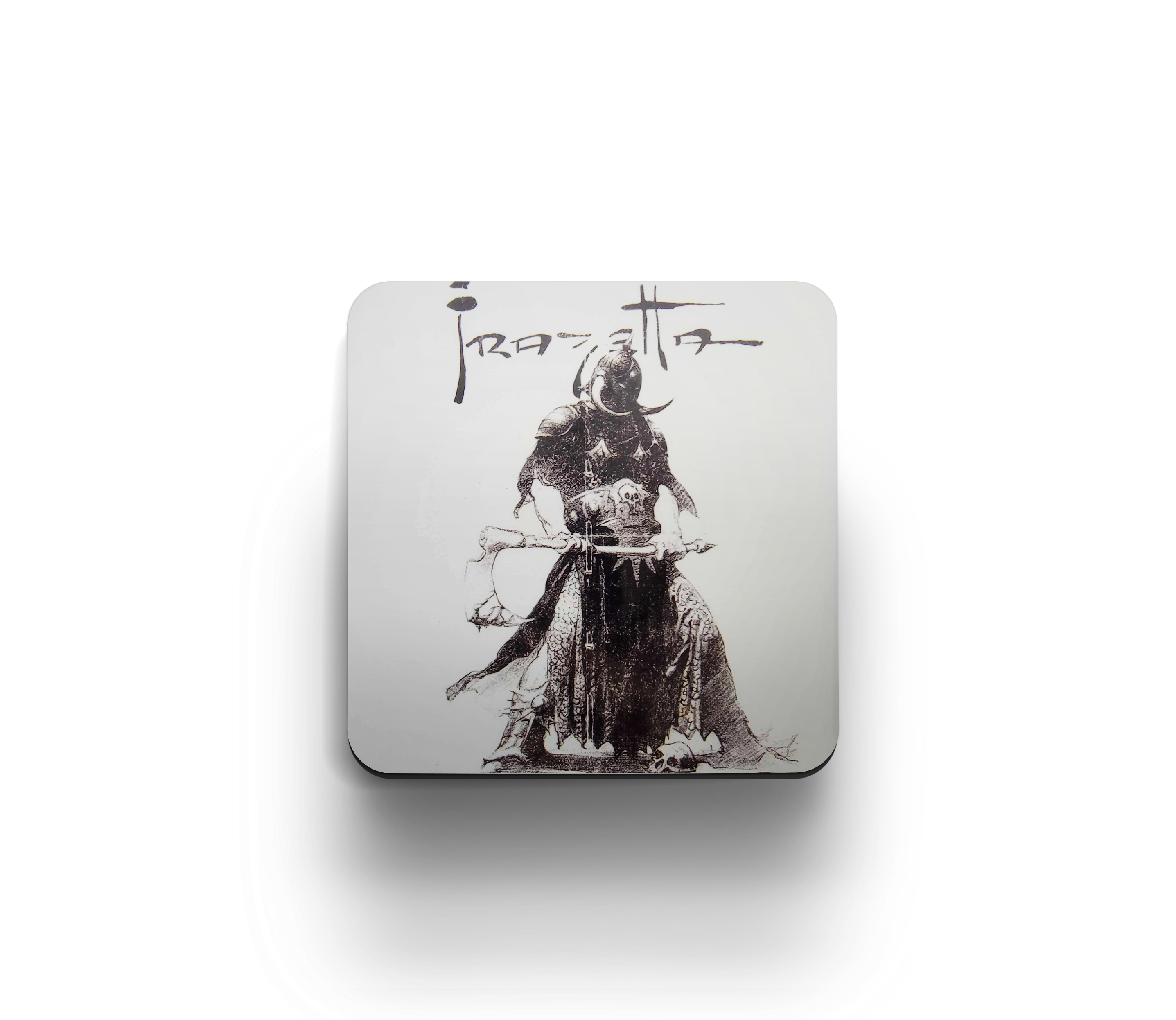 Acrylic coaster featuring Frank Frazetta’s iconic sketch of Death Dealer, depicted in stark black and white with the Frazetta signature above.