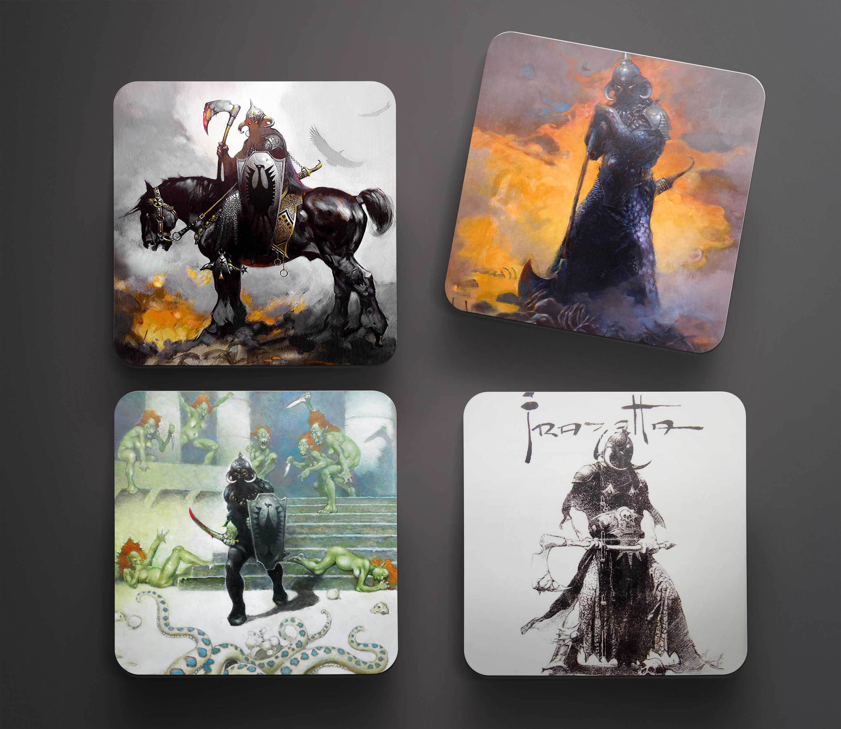 Acrylic coaster set featuring Frank Frazetta’s Death Dealer artwork: Death Dealer I, Death Dealer III Revised, Death Dealer VII, and Death Dealer Sketch, displayed on a soft grey background.