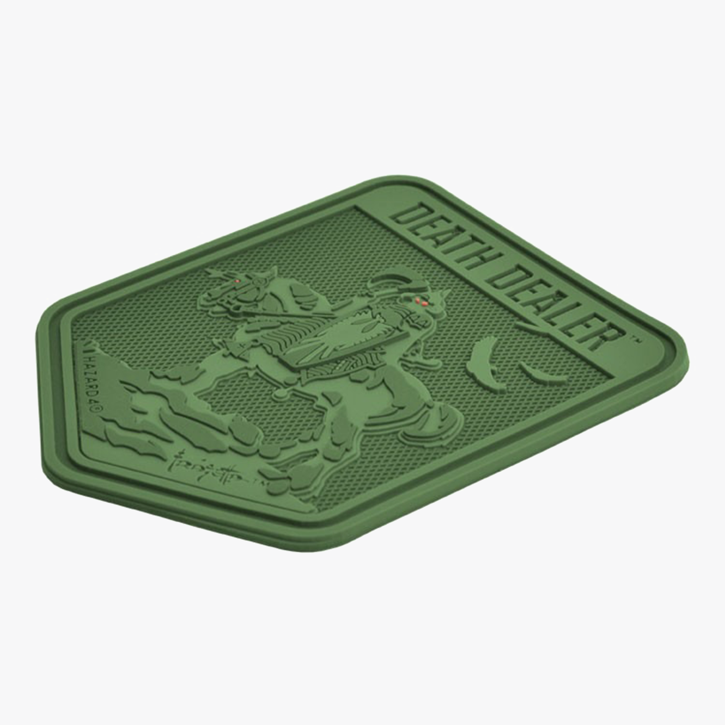 Angled view of the green Death Dealer tactical patch, showcasing its military-style design and raised detailing