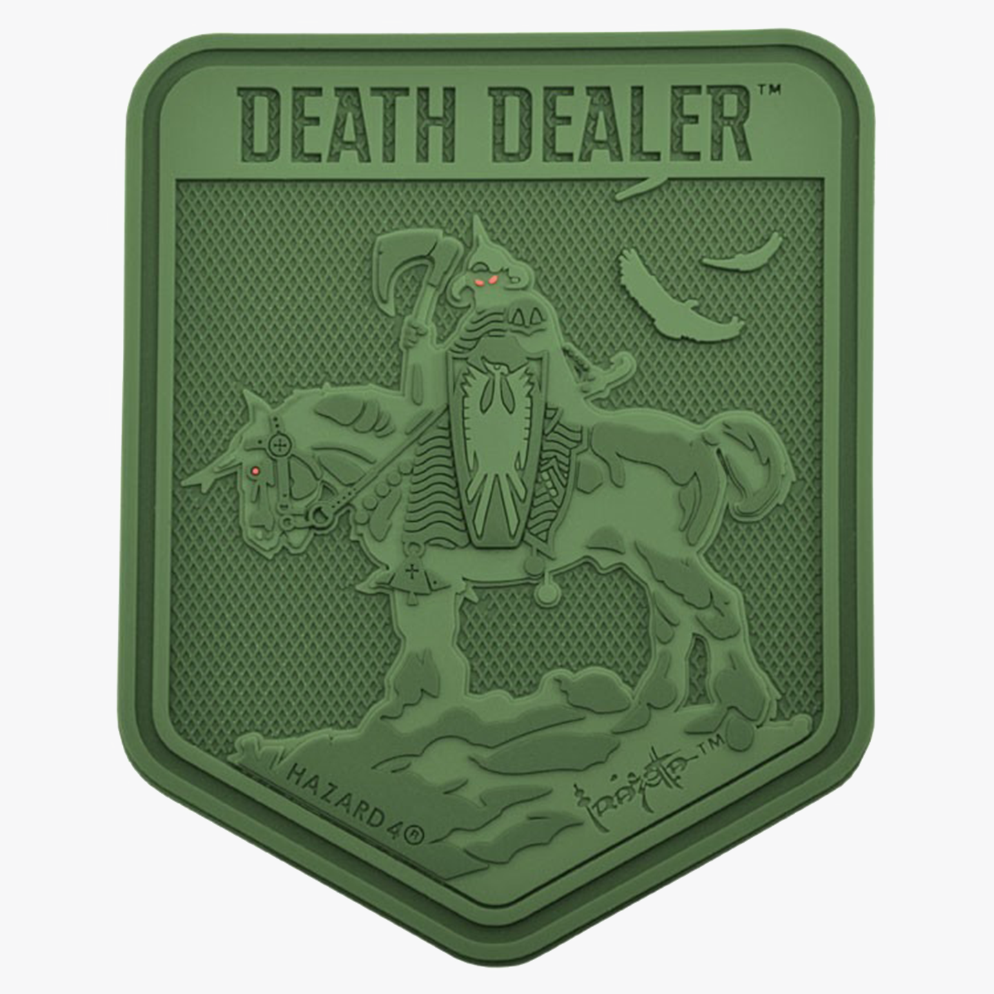 Olive green tactical Death Dealer patch featuring an embossed warrior on horseback, inspired by Frank Frazetta’s fantasy artwork