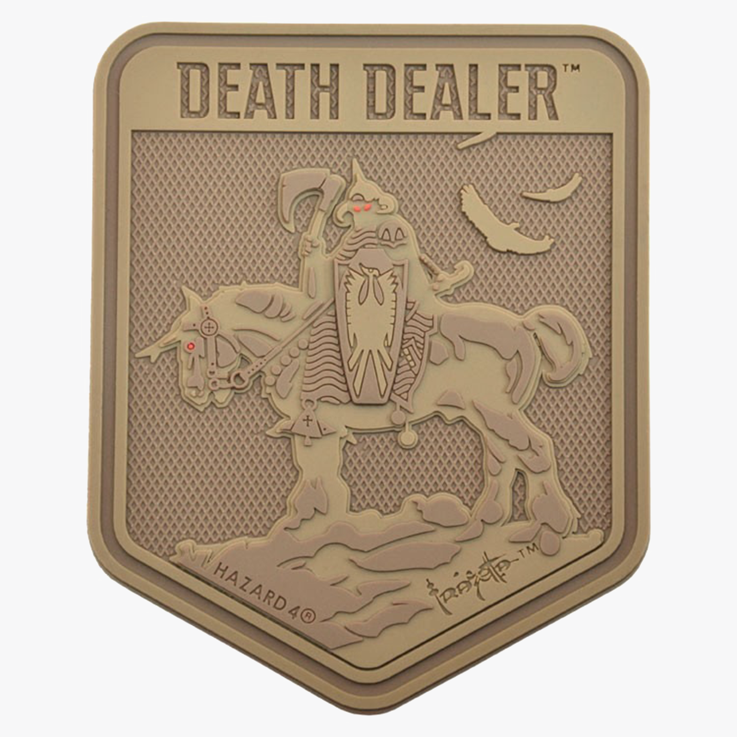 Tan-colored Death Dealer tactical patch with embossed artwork, paying tribute to Frank Frazetta’s legendary fantasy warrior