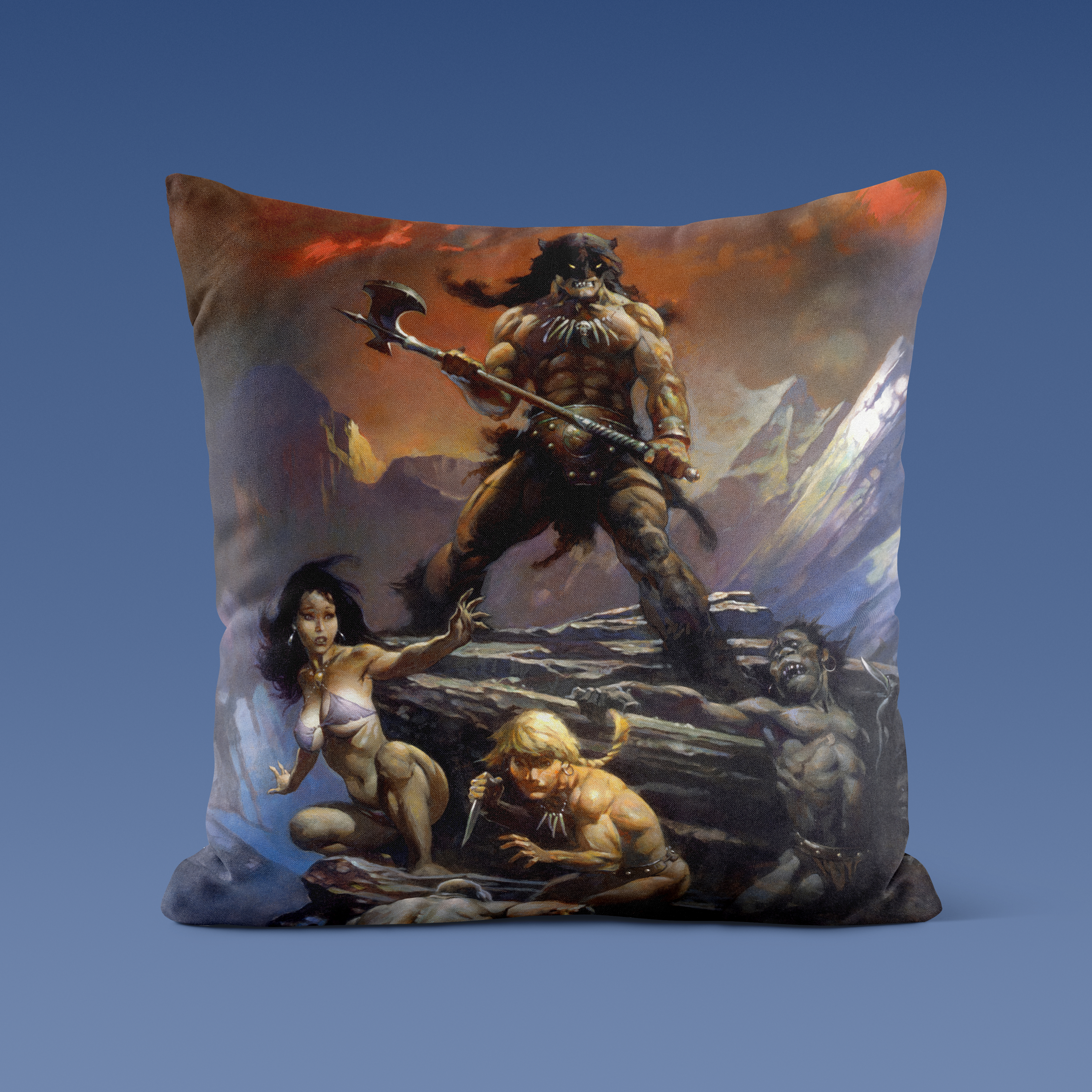 Fire and Ice throw pillow featuring Frazetta’s dynamic battle scene, printed on soft, vibrant polyester fabric