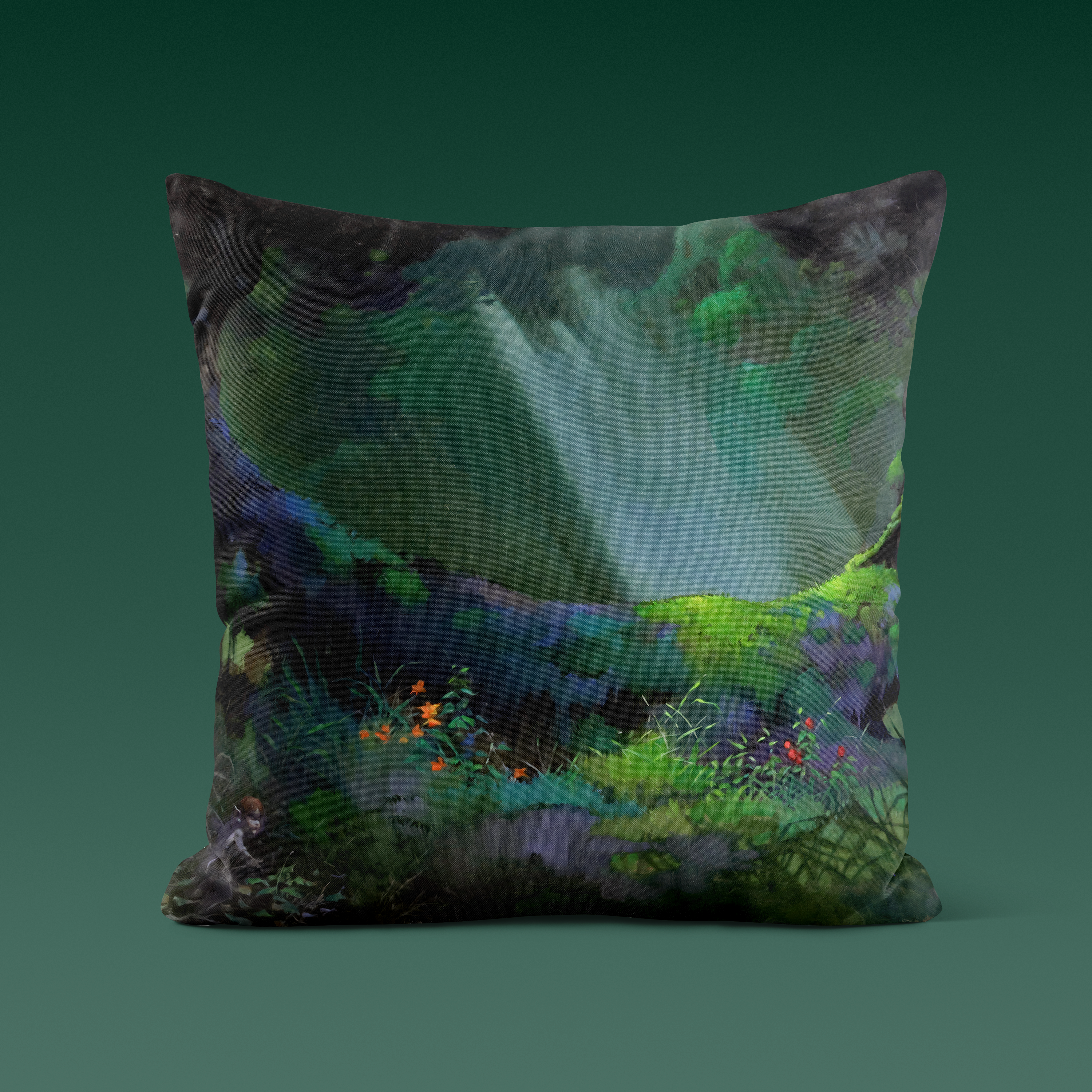 Glade of the Pixies throw pillow showcasing Frazetta’s mystical forest fantasy scene, printed on ultra-soft fabric
