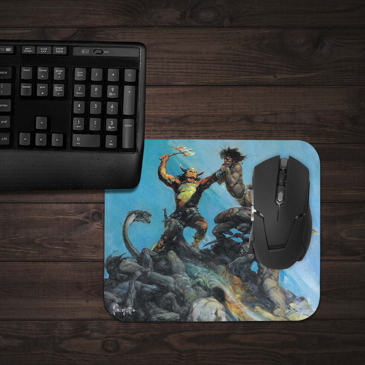 Indomitable mousepad in a gaming setup, bringing Frazetta’s epic fantasy to life