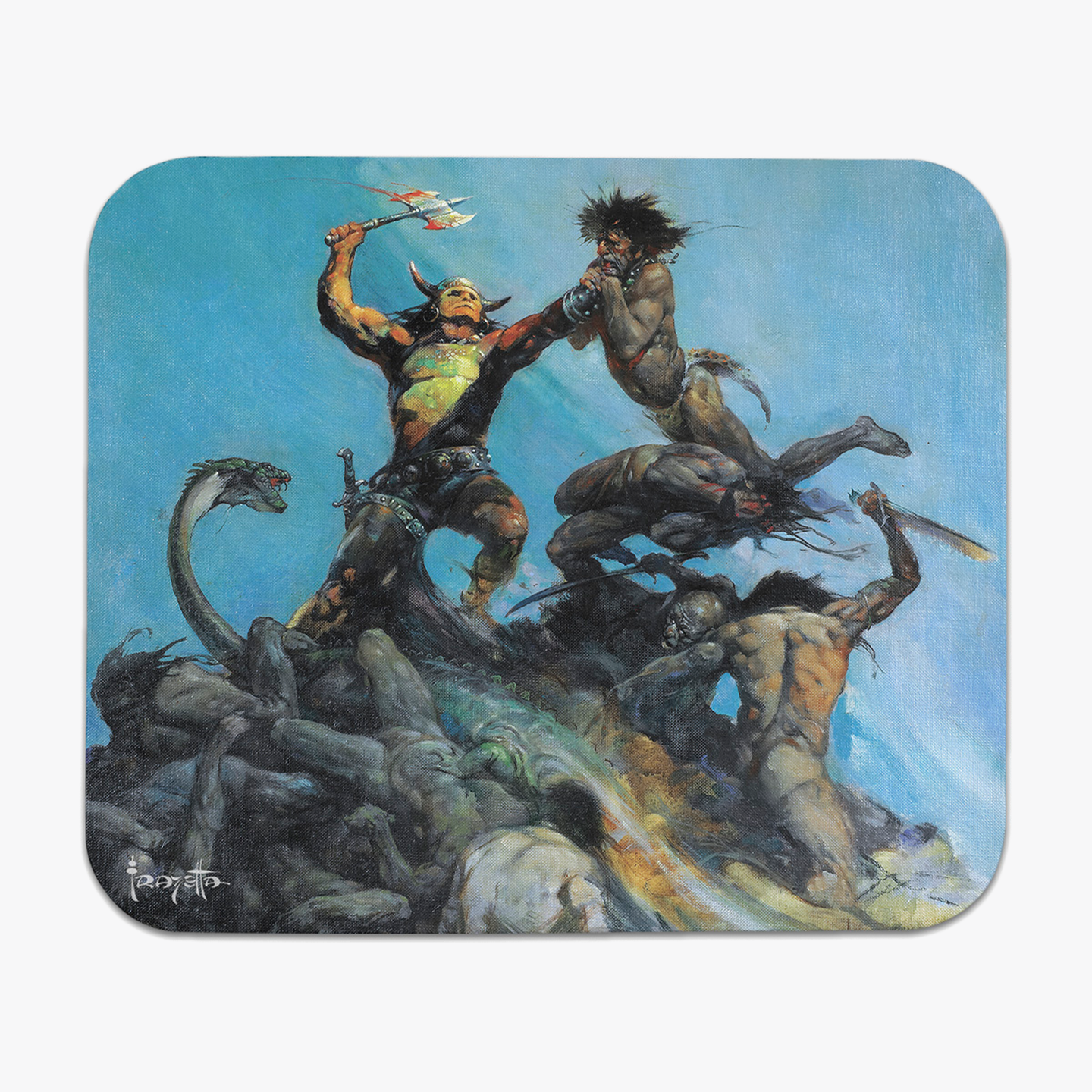 Indomitable mousepad featuring a dynamic Frazetta battle scene with a heroic warrior