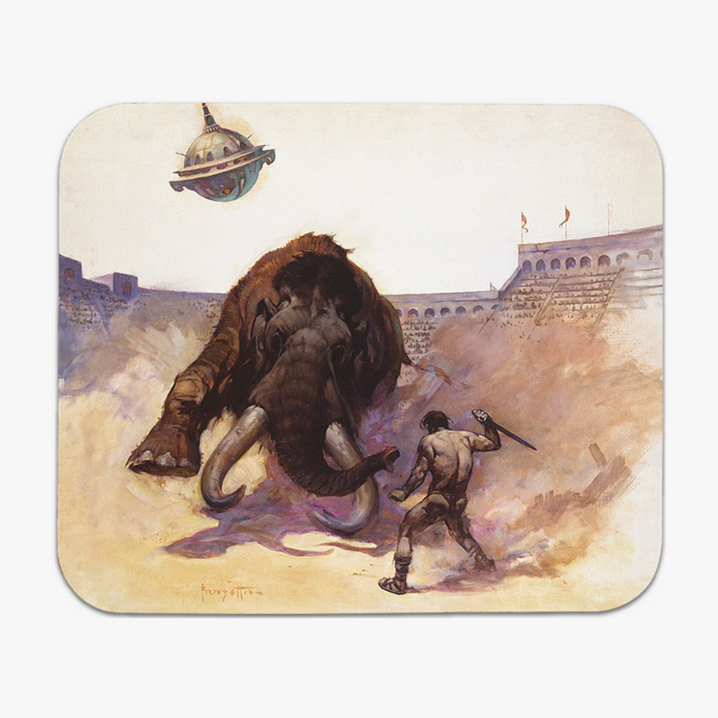 Mastodon mousepad featuring Frazetta’s prehistoric warrior battling against a massive beast