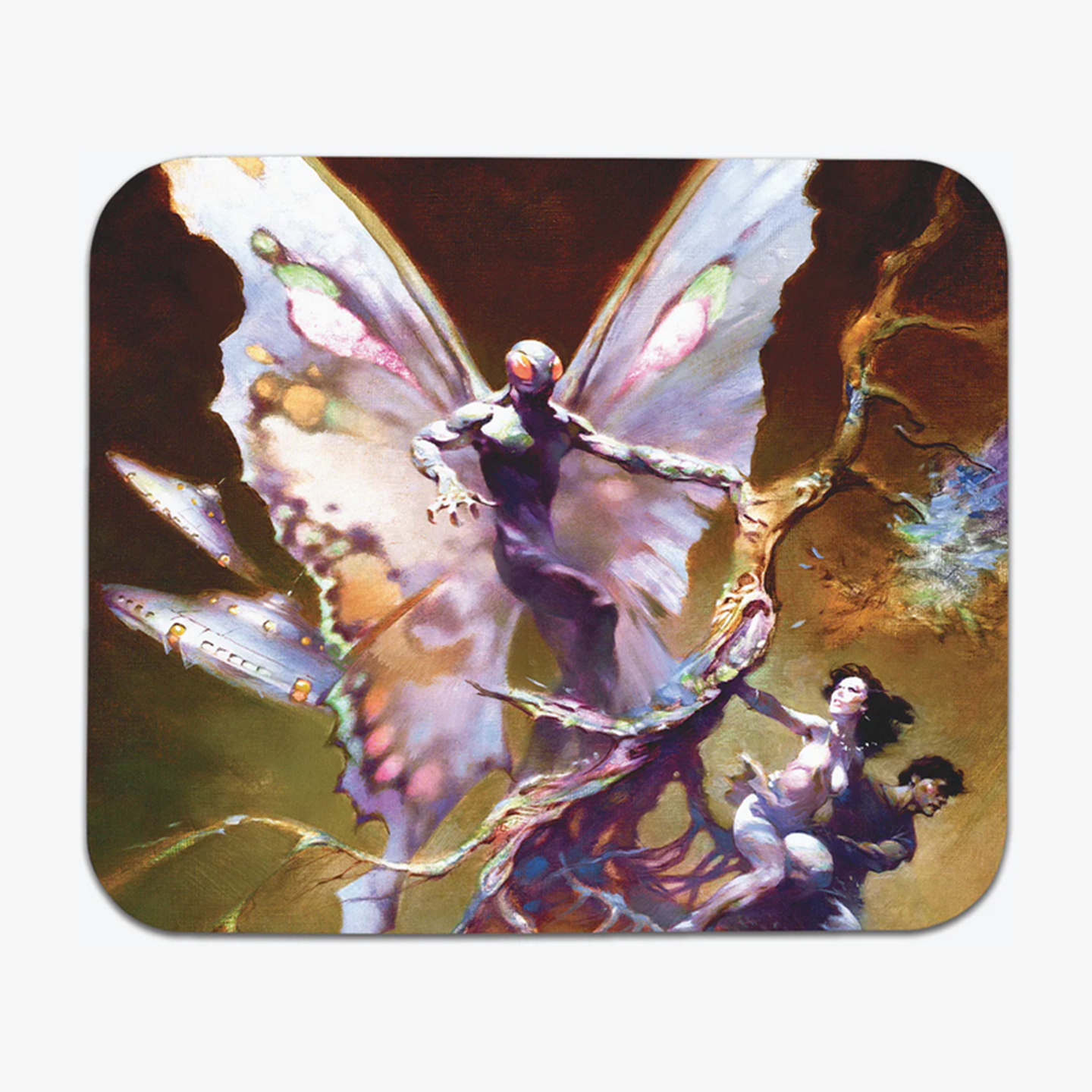 Frazetta Mothman mousepad with a colorful, surreal depiction of the legendary creature