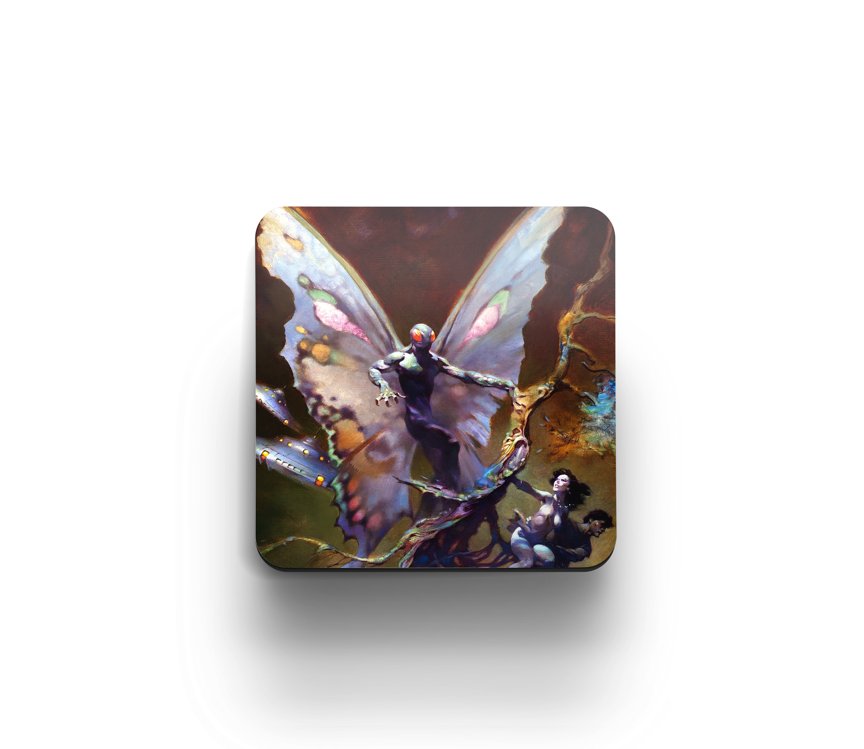 Acrylic coaster featuring Frank Frazetta’s Mothman painting, depicting a powerful winged figure perched on a branch with vivid wings.
