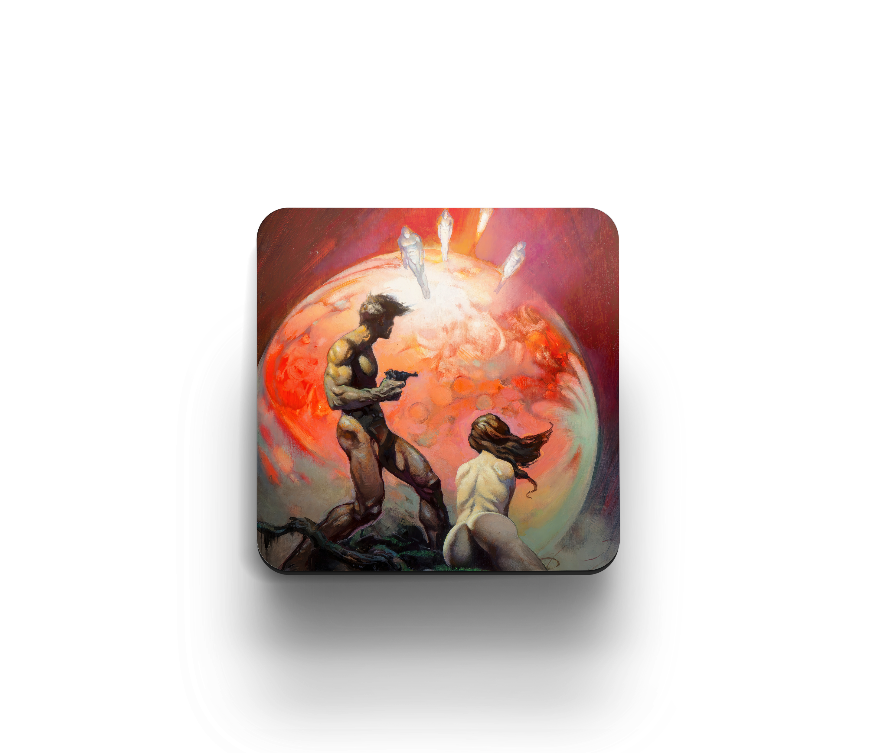 Acrylic coaster featuring Frank Frazetta’s Red Planet, depicting a heroic figure and a kneeling woman before a red, alien world.