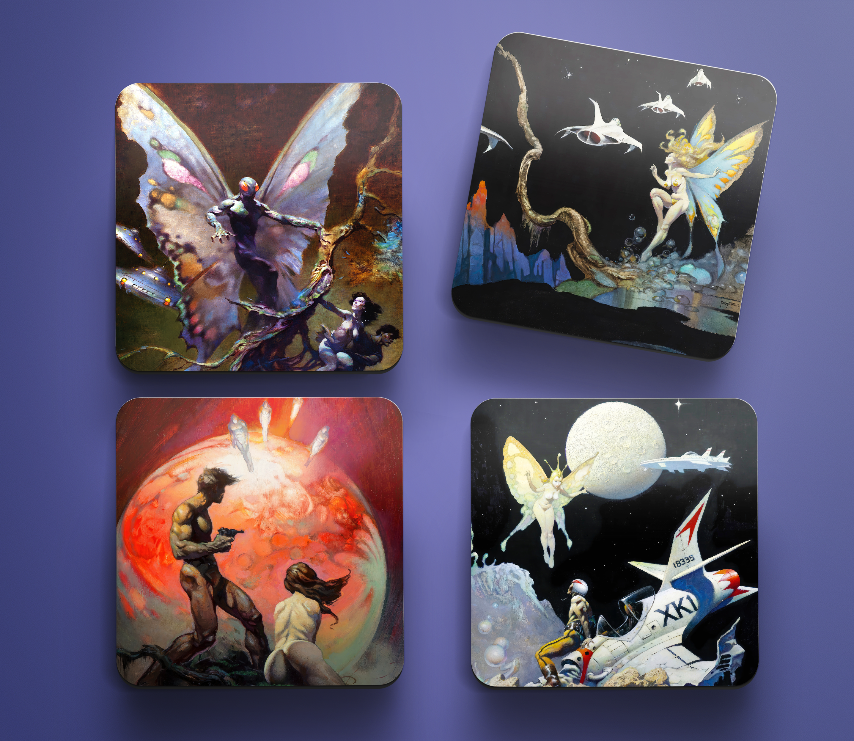 Acrylic coaster set featuring Frank Frazetta’s sci-fi artwork: Mothman, Dream Flight, Red Planet, and The Encounter, displayed on a soft purple background.