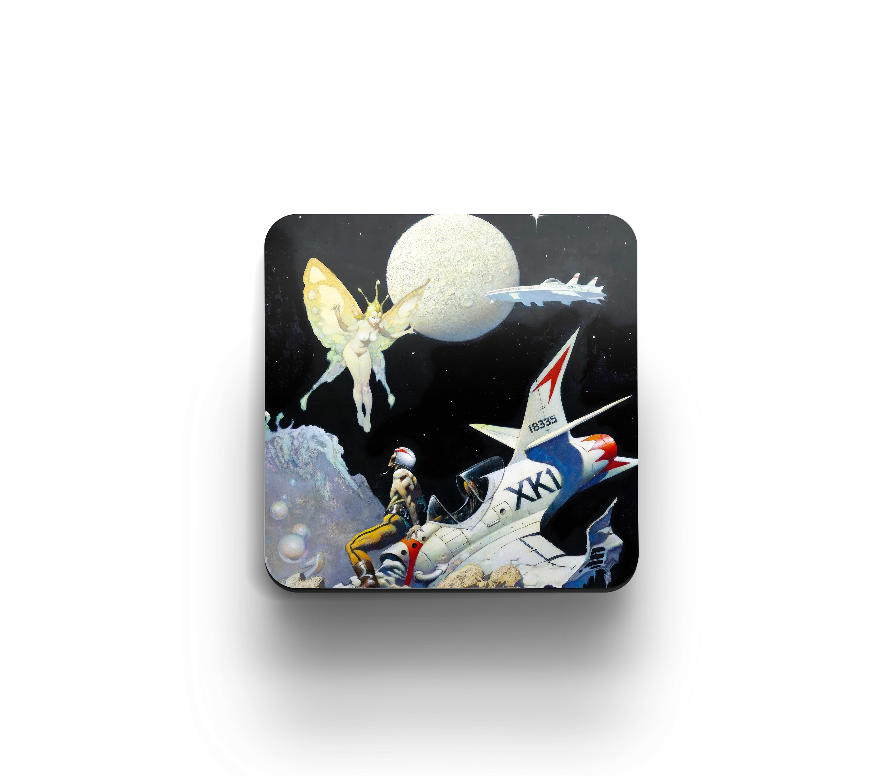 Acrylic coaster featuring The Encounter by Frank Frazetta, showing a cosmic meeting between a fairy-like being and an astronaut on a lunar surface.