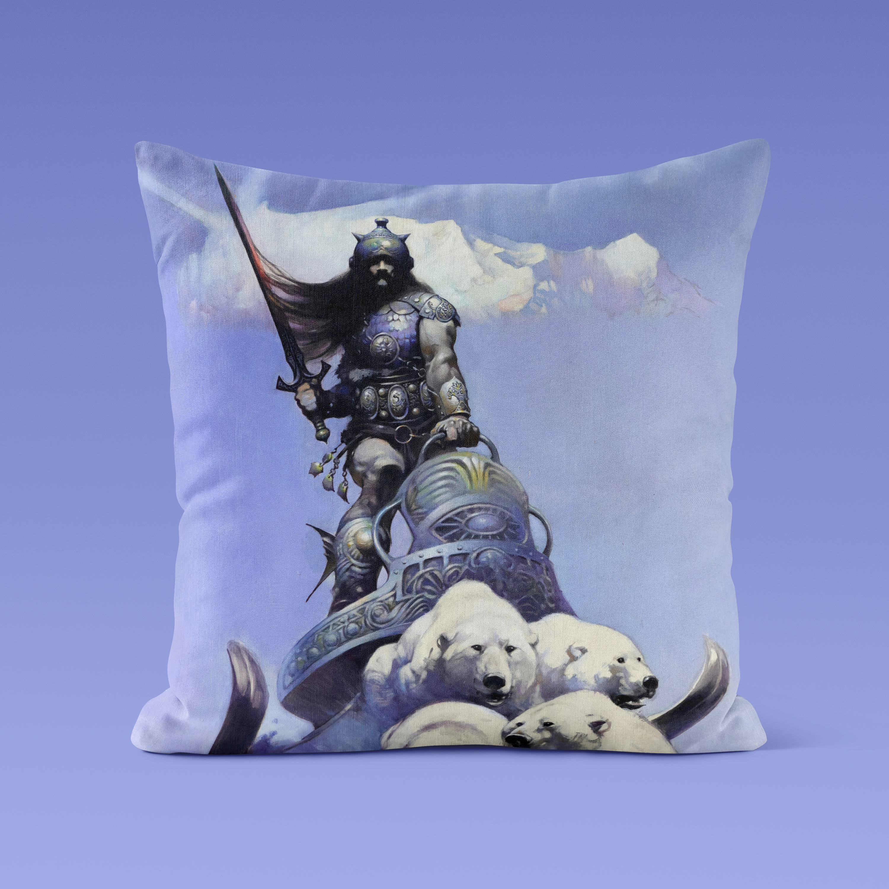 Silver Warrior throw pillow featuring Frank Frazetta’s legendary fantasy warrior, printed on durable, double-sided fabric