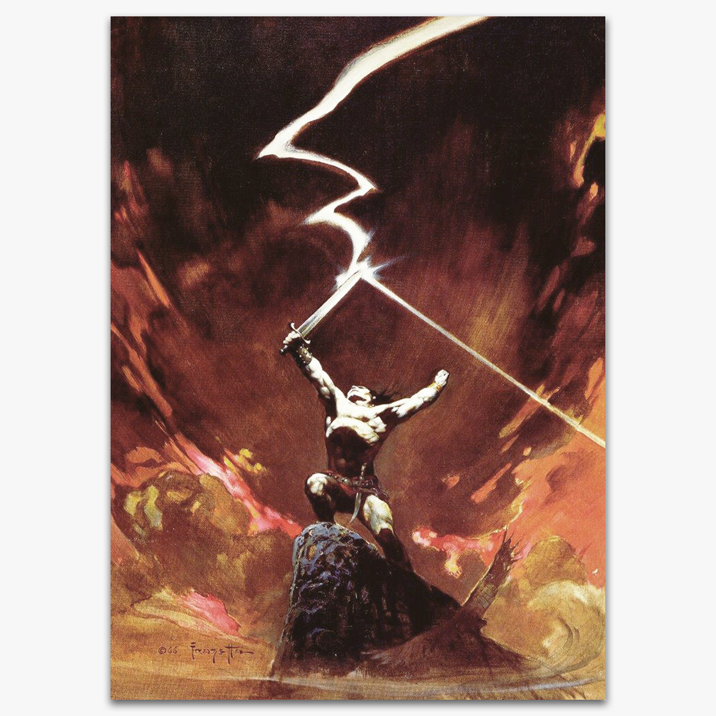 A vintage print of Against the Gods by Frank Frazetta, depicting a warrior raising his weapons toward the sky as lightning crashes down around him.