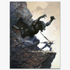 A vintage print of The Cave Demon by Frank Frazetta, featuring a monstrous creature lunging toward a lone warrior standing on a rocky ledge.
