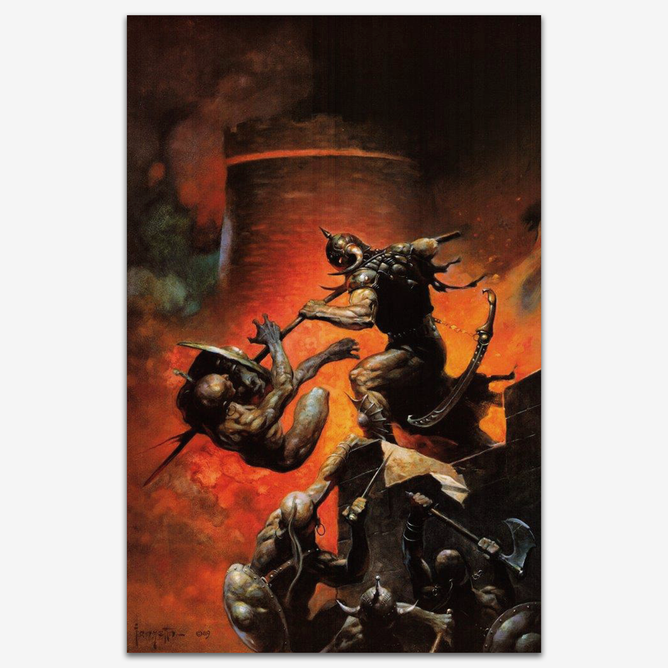 A vintage print of Death Dealer V by Frank Frazetta, featuring the imposing, battle-worn warrior atop his steed, surrounded by fire and chaos.
