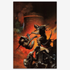A vintage print of Death Dealer V by Frank Frazetta, featuring the imposing, battle-worn warrior atop his steed, surrounded by fire and chaos.